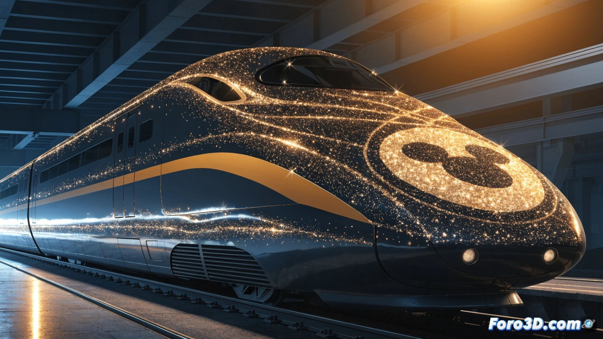 JR Tokai Shinkansen Series N700S nose section with Mickey Mouse silhouette decal reflecting on polished stainless steel, train emerging from Shinagawa depot at dawn, maintenance workers in blue uniforms inspecting wheel bogies with flashlights, overhead catenary wires glowing with morning light, technical railway infrastructure with signal gantries and track switches, cinematic engineering visualization, photorealistic metallic surface texture, motion blur on departure, dynamic industrial lighting with amber warning lamps, ultra-detailed mechanical undercarriage components