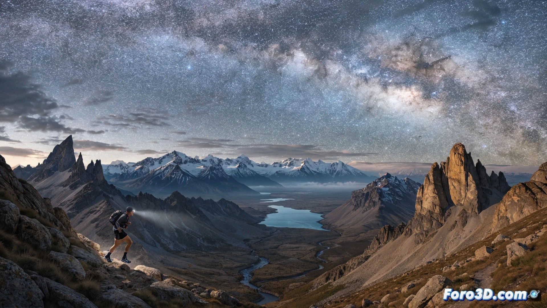 solitary runner crossing a frozen Patagonian lake at dawn, cracked ice sheets underfoot, snow-covered Andes peaks in background, two marathon daily distance markers on a GPS watch strapped to wrist, documentary camera drone shadow on ice, cinematic adventure documentary style, dramatic low-angle light, frost on beard and jacket hood, ultra-detailed rugged terrain, photorealistic outdoor render, action of perseverance in extreme cold, demonstrating human endurance against vast wilderness