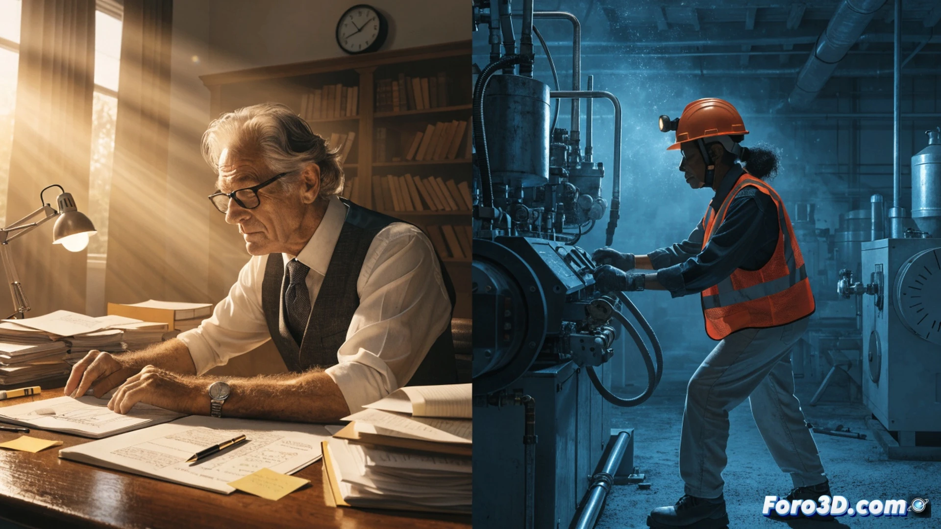 An elderly man in a dusty workshop, hands gripping a metal wrench while tightening a bolt on a vintage tractor engine, a younger woman in a lab coat beside him, adjusting a digital tablet showing engine diagnostics, two distinct generations collaborating, tools scattered on a wooden bench, oil stains, warm industrial lighting, motion blur on spinning fan blades, photorealistic technical illustration, cinematic depth of field, contrasting textures of aged leather gloves and modern plastic tablet casing, dramatic shadows from overhead fluorescent lights, realistic workshop atmosphere