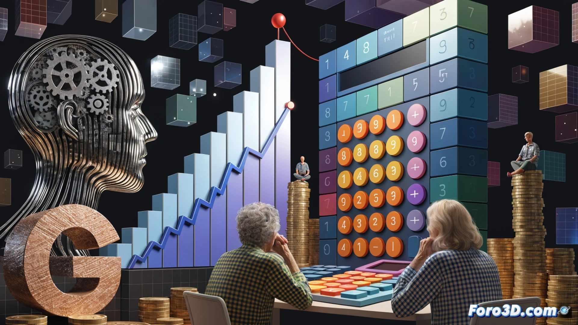 Dutch pension system diagram, a 67-year-old worker standing beside a timeline graphic showing age progression to 67, state pension coins of 1,580 euros flowing from a government building into a small personal savings jar, while a corporate pension fund chart on a tablet displays stock market growth lines and investment arrows, the worker actively adjusting a slider on a financial planning interface, technical illustration style, clean white background with cool blue and orange accent lighting, photorealistic render, financial data visualization elements, holographic projection of market trends, precision engineering aesthetic, sharp focus on the interaction between state and private funds, cinematic composition with depth of field