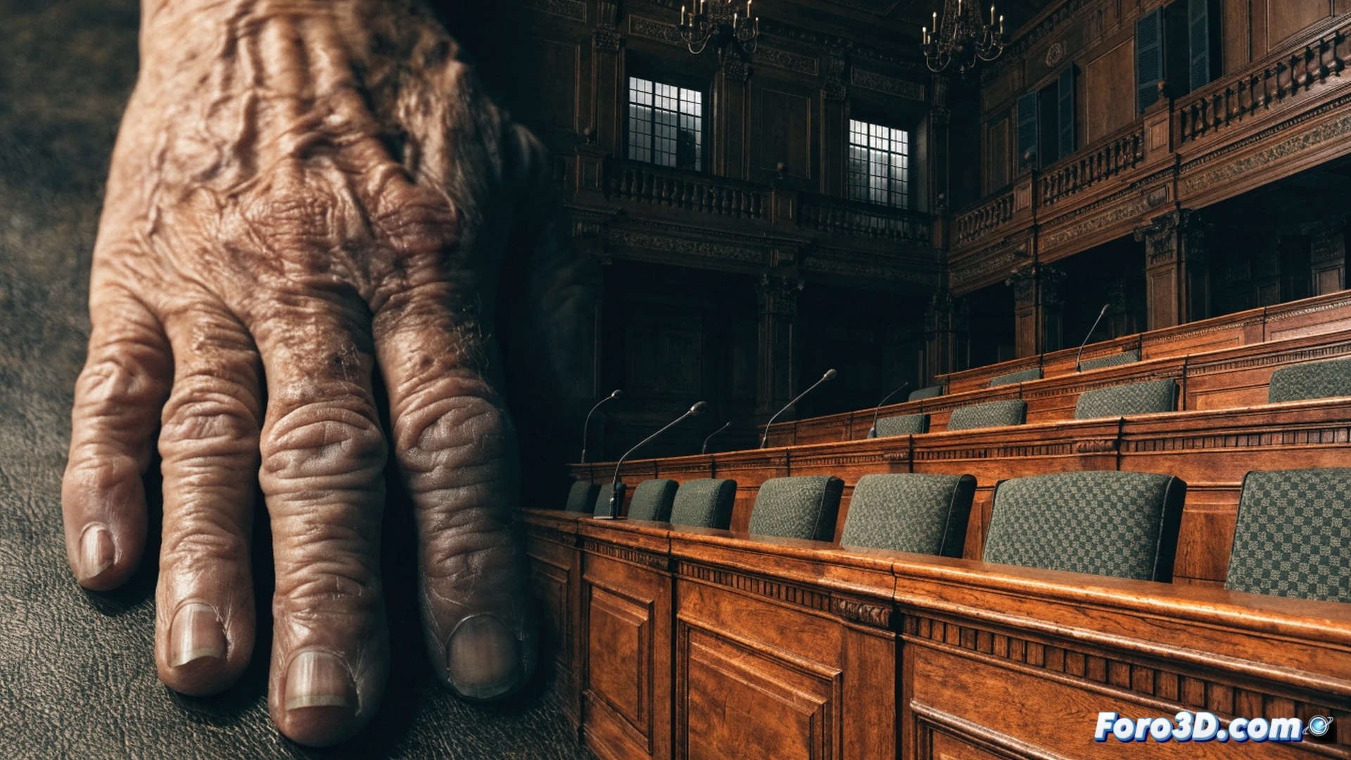 Photorealistic technical illustration of a pension document being stamped with a red rejection seal by a robotic hand, while a digital counter displays 40 years of contributions next to a shrinking coin stack, a legislative building silhouette visible through a window, dramatic overhead lighting casting shadows on the desk, detailed paper fibers and ink textures, engineering visualization style, sharp focus on the stamping action, metallic robotic arm with hydraulic joints, glowing red rejection mark partially covering pension calculation formulas, ultra-detailed mechanical components, cinematic depth of field
