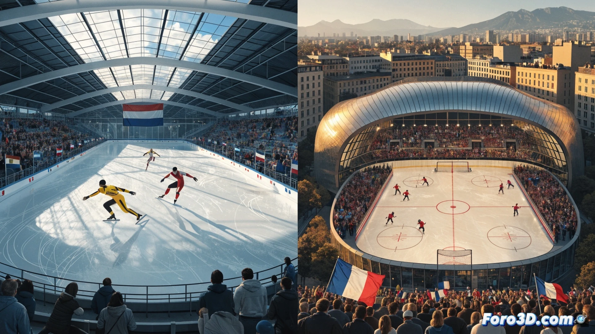 Modern ice skating rink in Heerenveen Netherlands hosting speed skaters mid-race on a curved track, skaters leaning sharply into the turn with blades carving ice, digital overlay showing ice temperature sensors and blade friction heat maps, distant view of Lyon hockey arena with curling stones and hockey pucks in transit, cinematic photorealistic winter sports visualization, cold blue arena lighting, frost particles in air, motion blur on fast skaters, ultra-detailed ice surface texture and skate blade sparks