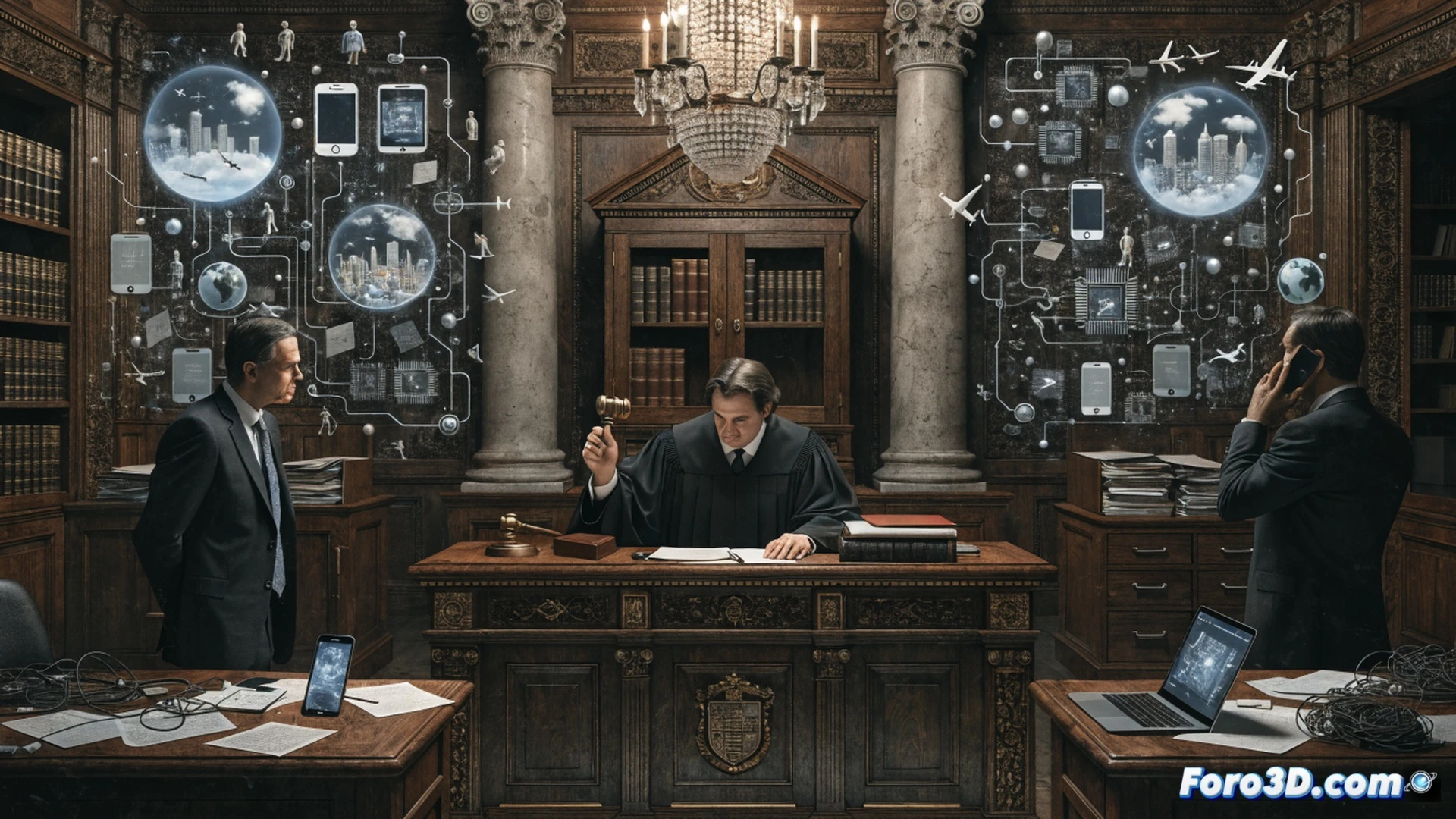 Escena de un tribunal con un juez sosteniendo un expediente sellado, un teléfono móvil roto sobre la mesa, cables de datos desconectados, un mapa de Estados Unidos en la pantalla de un ordenador apagado, una aerolínea en miniatura sobre billetes de euro, todo bajo una luz tenue de juzgado, estilo cinematográfico fotorrealista, sombras profundas, textura de madera y metal, atmósfera de investigación detenida, mostrando la acción de frenar la solicitud de datos, proceso legal bloqueado, elementos técnicos como un móvil y un disco duro sellado, iluminación dramática.
