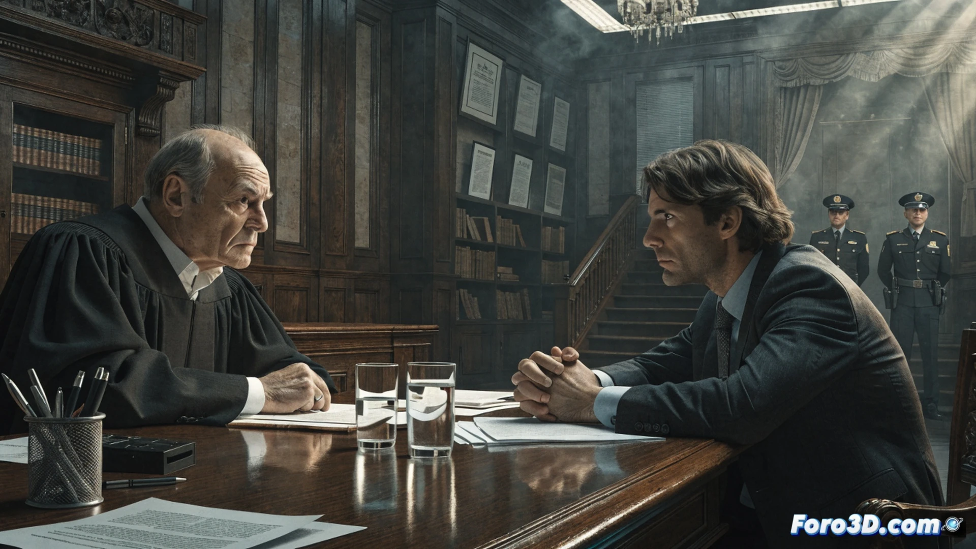 courtroom interrogation scene, lawyer in suit facing judge behind bench, digital surveillance screens showing judge profiles and wiretap icons, stack of 125,000 euro banknotes on evidence table, two guardia civil officers in uniform standing nearby, confidential documents with redacted seals scattered, photorealistic cinematic technical illustration, dramatic chiaroscuro lighting, polished wood courtroom interior, tension visible in body language, ultra-detailed textures of legal robes and paper, shallow depth of field focusing on lawyer’s hands and documents, high-contrast shadows, forensic evidence markers on floor