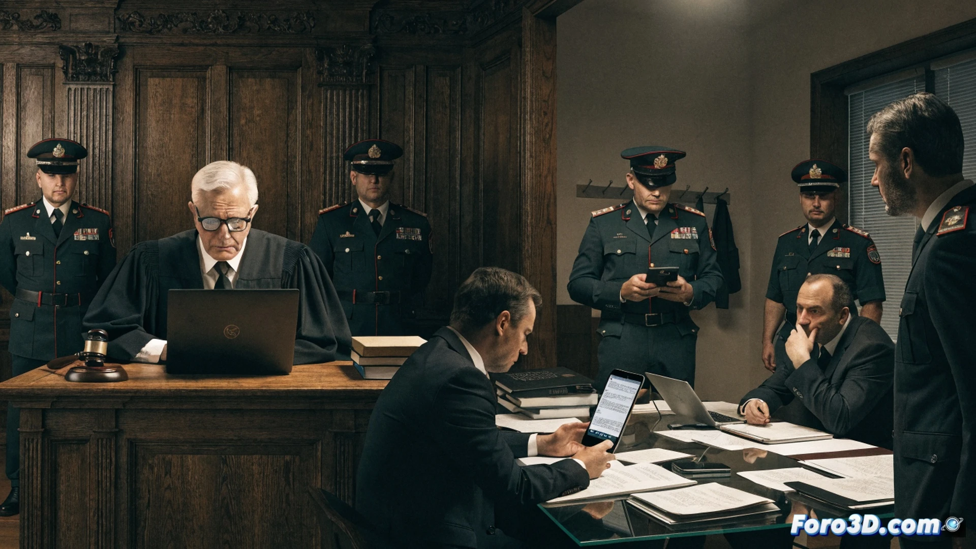 Photorealistic cinematic scene of a judge’s gavel striking a wooden desk in a dim courtroom, a glowing smartphone screen displaying encrypted WhatsApp messages floating above the desk, two Guardia Civil officers in formal uniform standing rigidly behind a witness chair, a digital evidence board in the background showing blurred chat logs and a wiretap icon, dramatic chiaroscuro lighting, polished brass nameplate on the bench, ultra-detailed textures on leather chairs and mahogany wood, technical legal illustration style, shallow depth of field, tension visible in the officers’ postures during the testimony session