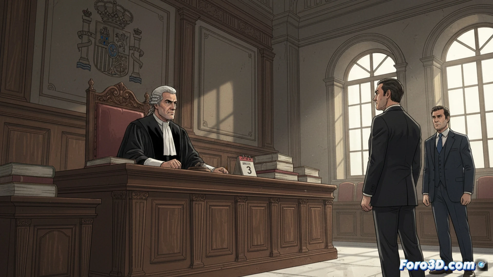 Investigación judicial en curso, sala de tribunal con juez revisando documentos financieros, vicepresidente de Sepi sentado frente a mesa de madera oscura, expediente abierto etiquetado rescate Air Europa 475 millones, gráficos de flujo de dinero en una pantalla digital detrás, manos del juez señalando un informe técnico, luz tenue de lámpara metálica, estilo cinematográfico realista, tonos grises y azul corporativo, ambiente tenso de audiencia, detalles de pliegues en traje y textura de papel, iluminación dramática desde arriba, render fotorealista.