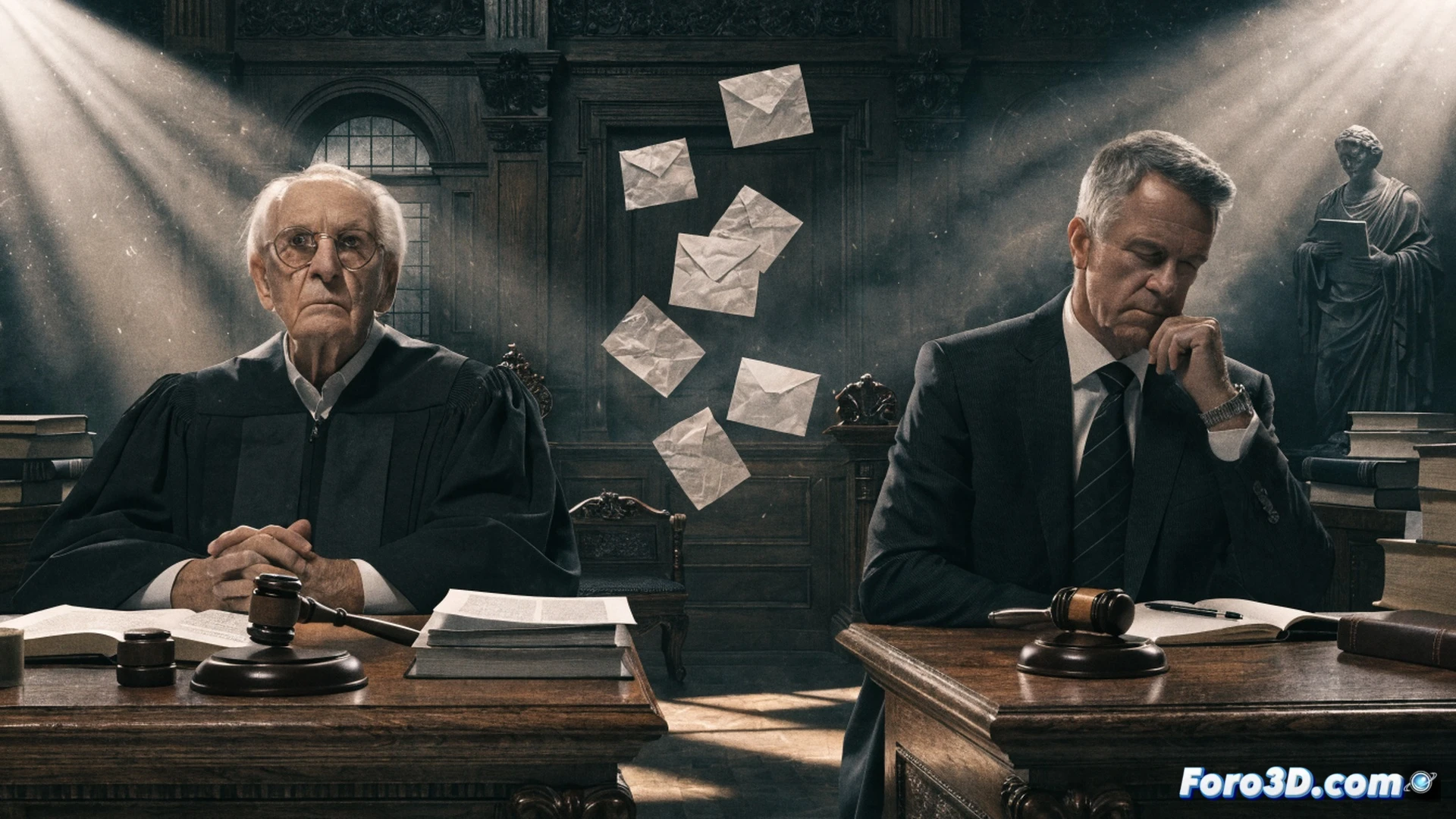 Federal judge in black robe striking down six subpoenas with judicial gavel, Minnesota governor Tim Walz standing behind transparent legal barrier, Department of Justice seal cracking under pressure, court documents being torn apart by invisible force, bronze scales of justice tipping dramatically, polished wood courtroom desk reflecting shattered subpoena paper fragments, cinematic photorealistic render, dramatic courtroom lighting with shadows, motion blur on falling documents, glowing blue legal text fragments dissolving into air, ultra-detailed judicial environment, tense political atmosphere