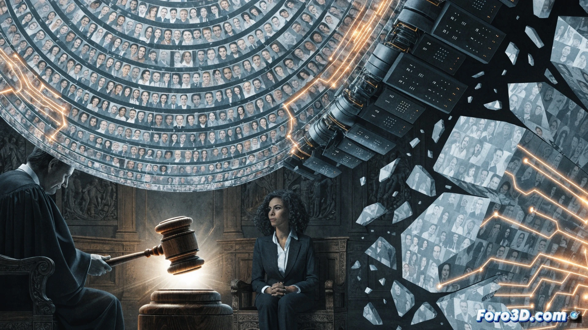 Federal courthouse interior, judge in black robe signing legal order, gavel mid-air striking wooden block, glowing digital database screen showing voter registration data with red X marks over citizenship verification fields, American flag blurred in background, paperwork with privacy law citations floating on desk, technical illustration style, photorealistic lighting, dramatic shadows from venetian blinds, precise legal document details, constitutional symbolism, high-contrast cinematic composition