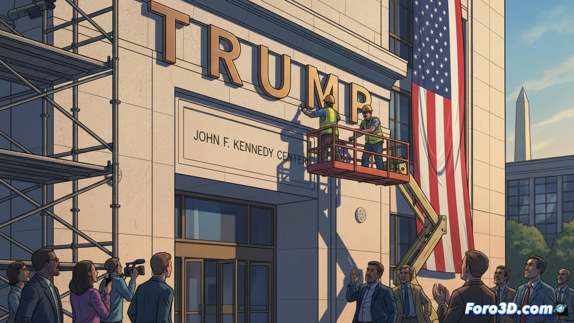 workers in protective gloves removing a large brass plaque from a neoclassical building facade, one worker using a power drill to unscrew mounting bolts, another holding the plaque steady, scaffolding visible above, marble columns and classical architecture framing the scene, sunlight casting sharp shadows across the stone steps, a rolled-up official document with a judicial seal on a nearby table, cinematic photorealistic style, dramatic low-angle shot, detailed textures of metal and stone, workers in blue uniforms with reflective vests, tools scattered on a drop cloth, realistic industrial lighting, ultra-detailed architectural render