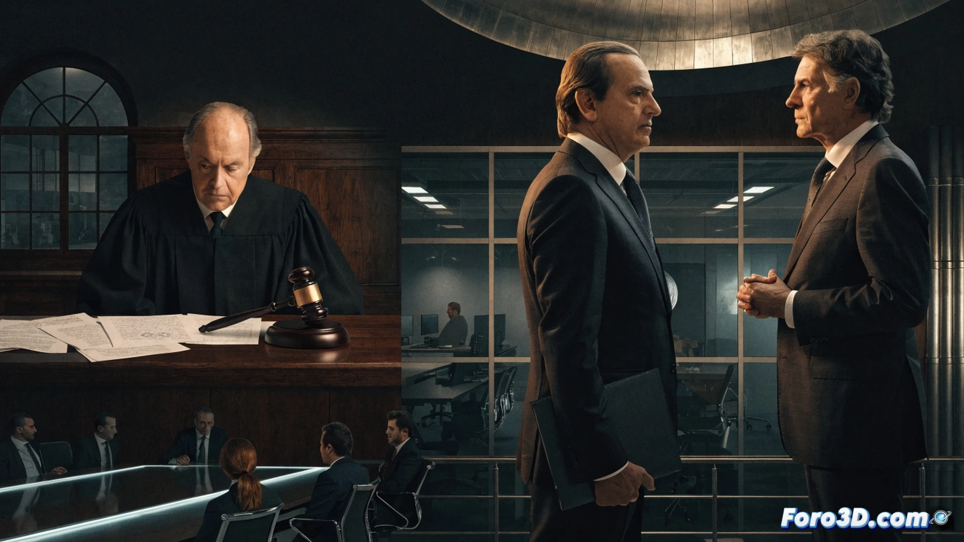 A judge in a dark wood-paneled courtroom examining a document on a tablet, a glowing hologram displaying a meeting between two politicians above a desk, Plus Ultra airline logo faintly visible on a dossier, a magnifying glass over a bank transfer of 53 million euros, scattered flight route maps and legal case files, cinematic photorealistic visualization, dramatic side lighting casting long shadows, dust particles in the air, tense atmosphere, detailed judicial seals and technical legal hardware, ultra-realistic textures on leather chairs and paper documents