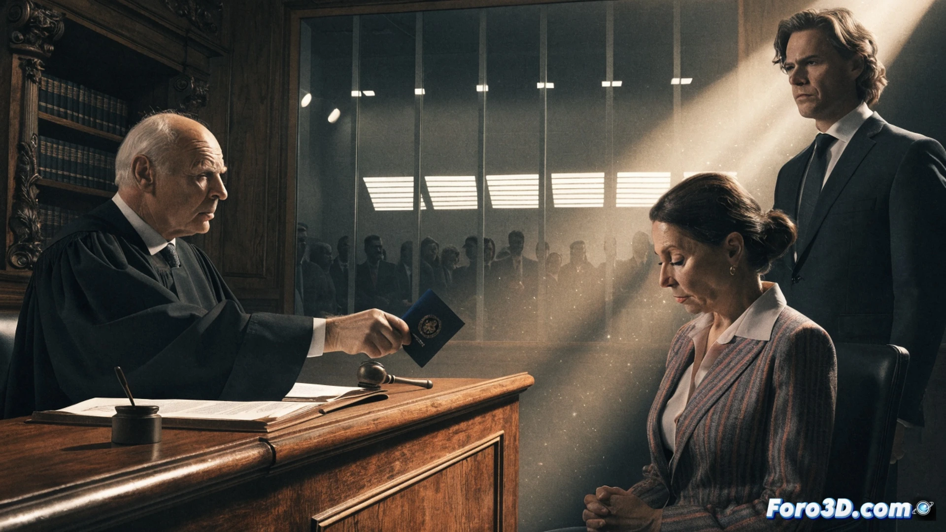 judicial order document on a desk with a confiscated Spanish passport and handcuffs, a police officer's uniform sleeve visible while stamping a travel ban, laptop screen showing a courtroom database interface with red alert symbols, photorealistic technical illustration, dramatic overhead lighting casting shadows, metallic pen next to the passport, crisp legal document textures, professional law enforcement atmosphere, ultra-detailed office props