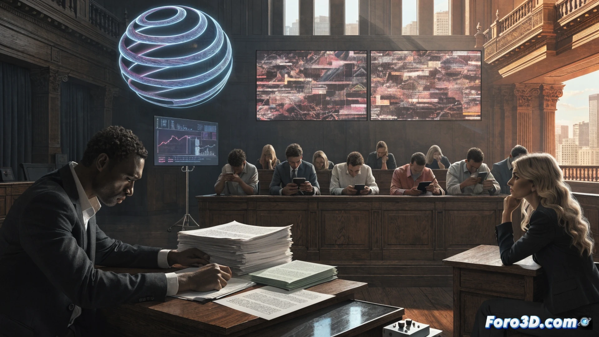 courtroom scene with laptop screen showing ChatGPT chat log enlarged on projector, prosecutor pointing at log while jury members looking unconvinced, defendant sitting at table with crossed arms, judge looking at hung jury note, split-screen effect showing digital fire simulation on tablet, legal document with AI evidence highlighted, cinematic photorealistic style, dramatic overhead lighting in wood-paneled courtroom, blurred motion of jury shaking heads, metallic gavel in foreground, glowing blue chat interface contrasted with warm amber courtroom tones, depth of field emphasizing divided opinions