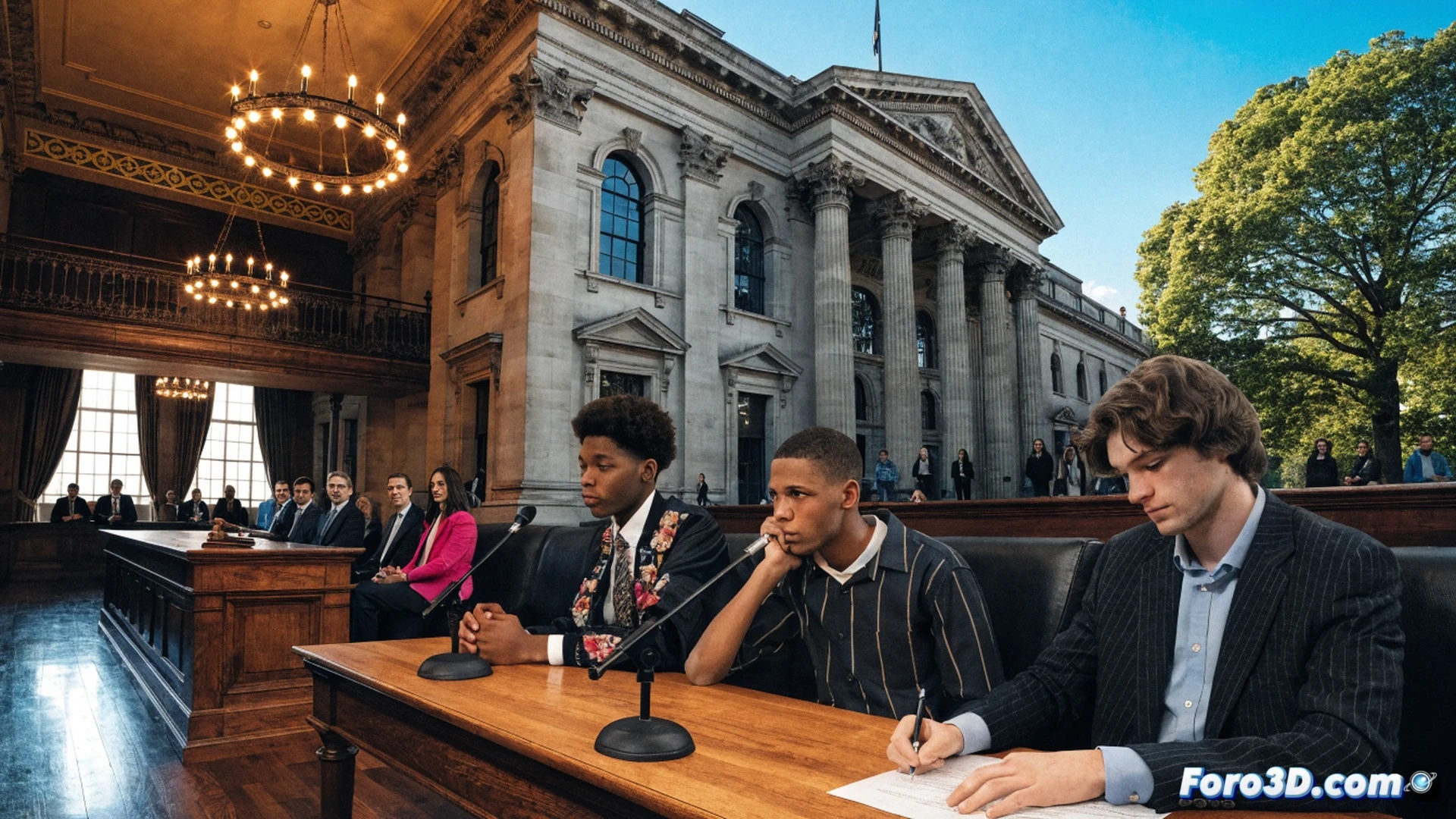 Three young men in dark hoodies standing in a London courtroom dock, security glass panels reflecting overhead fluorescent lights, a judge's bench with wooden gavel in background, lawyers in suits holding case files, a technical crime scene map of Primrose Hill displayed on a monitor showing knife trajectory markers, cinematic photorealistic legal scene, dramatic chiaroscuro lighting from windows, tense facial expressions during denial statement, polished metal handcuffs visible, ultra-detailed courtroom architecture, forensic evidence folders on table