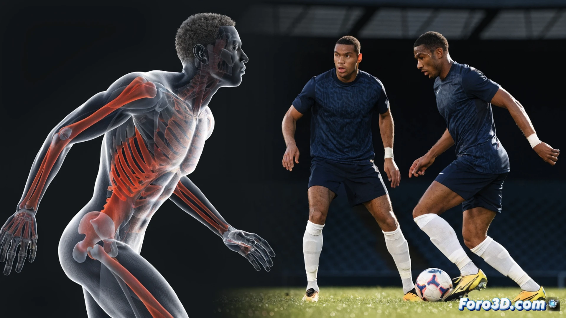 Jules Koundé en acción durante una salida de balón desde la defensa, mostrando su cuerpo girado mientras protege el esférico con el pie izquierdo, su mirada escaneando el campo mientras un oponente presiona, su estructura muscular de torso compacto y centro de gravedad bajo visible, líneas de movimiento y trayectorias de pase proyectadas como vectores dinámicos a su alrededor, fondo de estadio con césped y gradas desenfocadas, estilo cinematic photorealistic con iluminación de partido nocturno, textura detallada de la piel y el uniforme, sudor y tensión muscular evidentes, representación técnica de biomecánica y análisis táctico en 3D