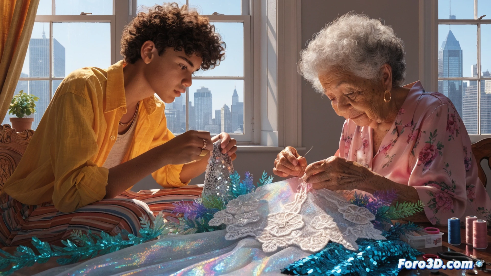 close-up of a sewing machine needle piercing layered metallic-blue sequin fabric, a child's hands guiding the material while an elderly woman's hands hold a measuring tape nearby, scattered spools of thread and scissors on a wooden table, a half-finished shimmering fish-scale costume draped over a chair, warm golden lamplight illuminating the workspace, cinematic animation-style rendering with soft textures and vibrant colors, showing the process of costume creation as a quiet act of trust and identity-building, no text or numbers visible, emotional technical illustration