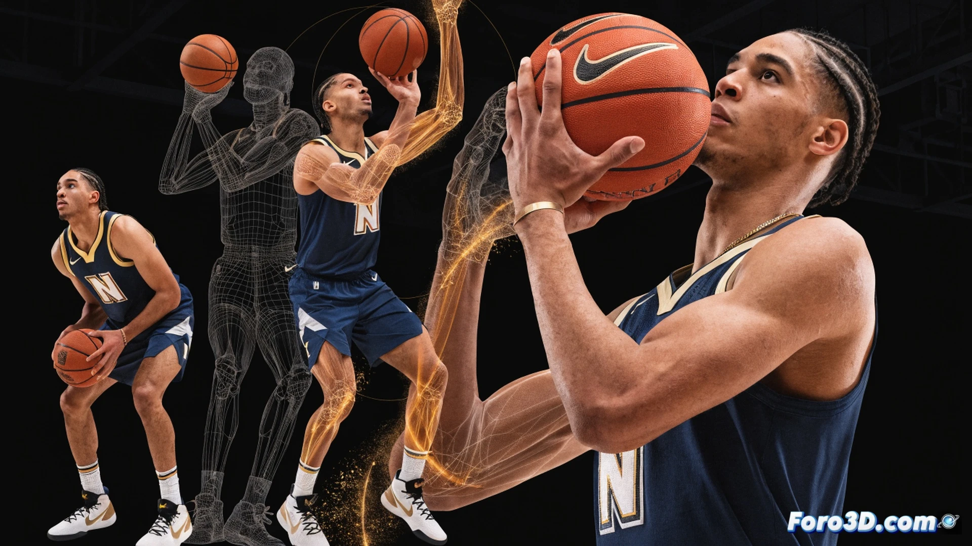 NBA player Julian Strawther mid-air releasing a three-point shot, high-speed camera capturing fluid shooting mechanics, basketball rotating with visible seams, trajectory arc traced by glowing motion path lines, Denver Nuggets jersey details visible, defensive player lunging late, biomechanical joint angles highlighted with translucent overlays, basketball hoop in background, cinematic sports visualization, deep arena shadows, rim light on player silhouette, photorealistic technical render, slow-motion effect with motion blur on ball and limbs