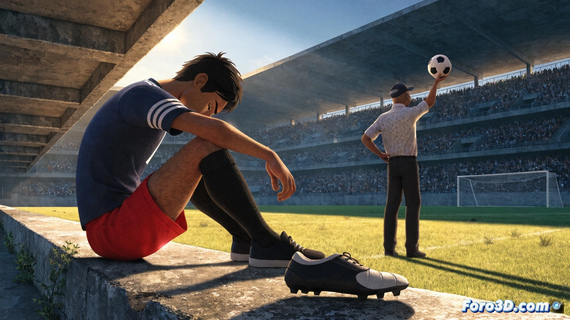middle-aged man in worn-out boots kicking a deflated football on a cracked concrete pitch, evening golden light, dust particles rising with each impact, old stadium bleachers fading into shadow behind him, cinematic photorealistic style, shallow depth of field, subtle lens flare, worn leather texture on ball, dirt and scuff marks on boots, melancholy atmosphere, action frozen mid-kick, showing motion blur on foot and ball, technical detail in boot stitching and ball seams, dramatic low-angle shot, realistic skin texture, sweat on forehead, emotional weight in posture