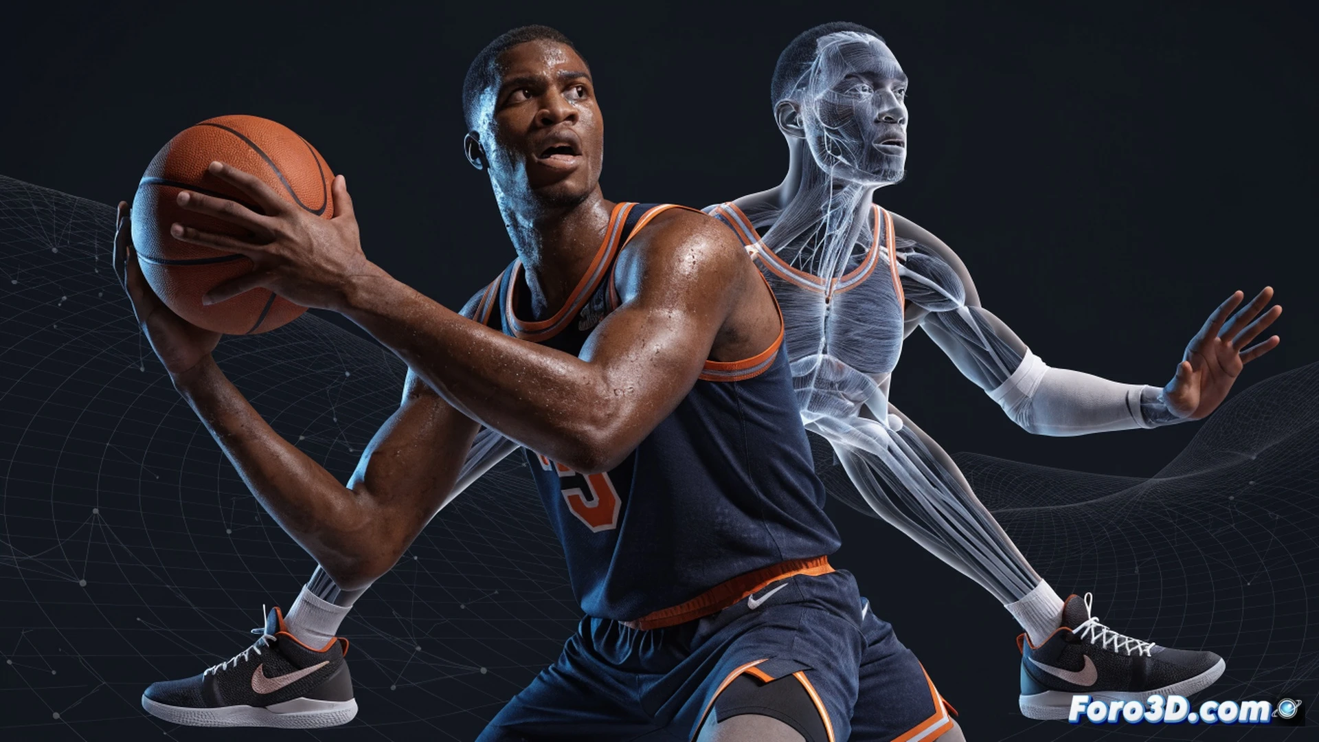 Julius Randle mid-post isolation play, left hand dribbling past a defender, right shoulder lowering for contact, muscles tensed under sweat-soaked jersey, basketball court perspective from behind the hoop, 3D wireframe skeleton overlay showing torque in hips and shoulders, glowing red kinetic lines tracing ball path and pivot foot, photorealistic sports biomechanics render, dramatic arena lighting, high-contrast shadows, motion blur on defender, technical illustration style