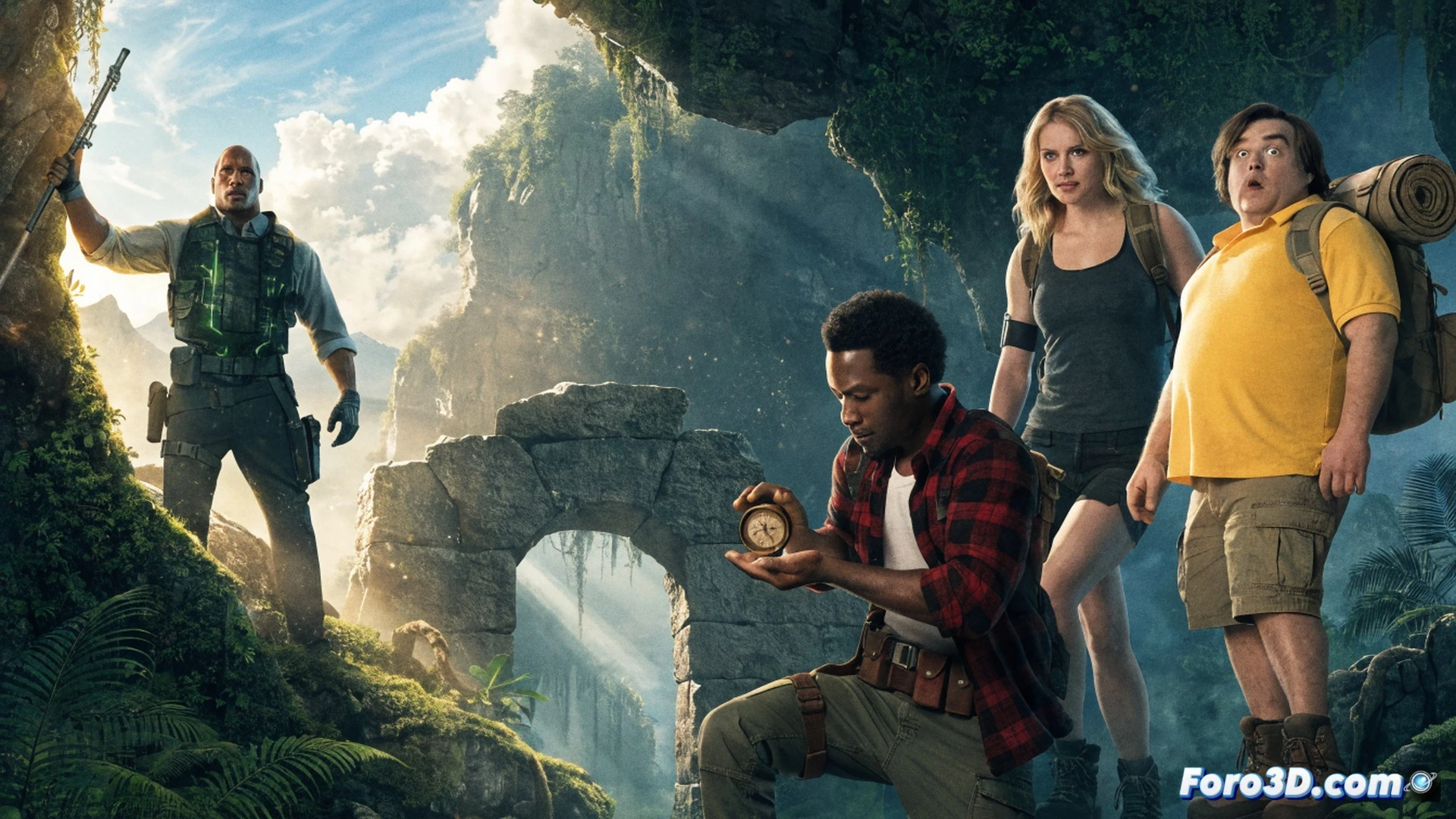Jumanji Open World jungle temple collapsing in real-time, players characters running from giant rolling boulder while holding vintage video game controllers, glowing crystal shards falling around them, holographic map table showing terrain deformation, cinematic action sequence, photorealistic rendering, dynamic lighting from explosions and sunset, dust particles and debris suspended mid-air, dramatic wide-angle perspective, ultra-detailed facial expressions and textures, high-stakes adventure scene