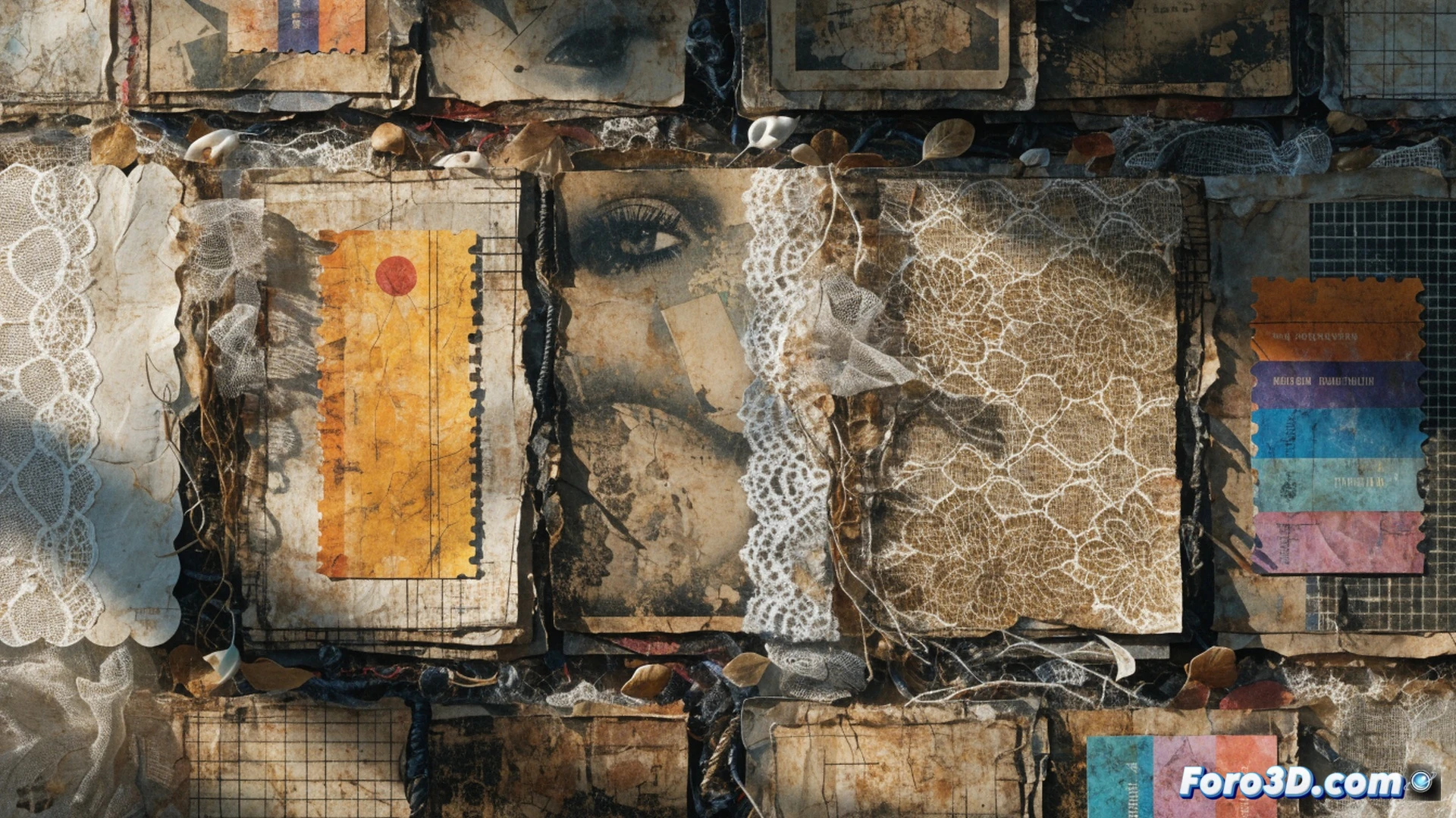 junk journaling workspace, hands tearing recycled paper edges while applying glue stick to vintage book page, scattered colored pencils and fabric scraps on wooden desk, open journal with layered collage pieces being assembled, coffee stain textures and dried flower petals embedded between pages, natural window light casting soft shadows, worn leather-bound cover in background, scissors cutting patterned paper mid-action, messy creative process with visible glue splatters and crumpled papers, photorealistic still life, warm earthy tones, shallow depth of field focusing on hands in motion