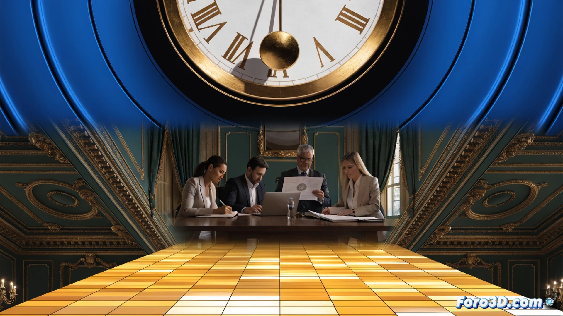 Junta de Andalucía officials in a government planning room, 2027 budget documents spread across a large wooden table, one hand pointing at a calendar showing July deadline, another hand holding a stylus over a tablet displaying budget software interface, clock on wall ticking, team of advisors reviewing financial charts, technical illustration style, cinematic lighting from overhead lamps, shadows cast on papers, blue and white color scheme, photorealistic architectural interior, sense of urgency and efficiency, clean modern workspace, no text or numbers visible in the image