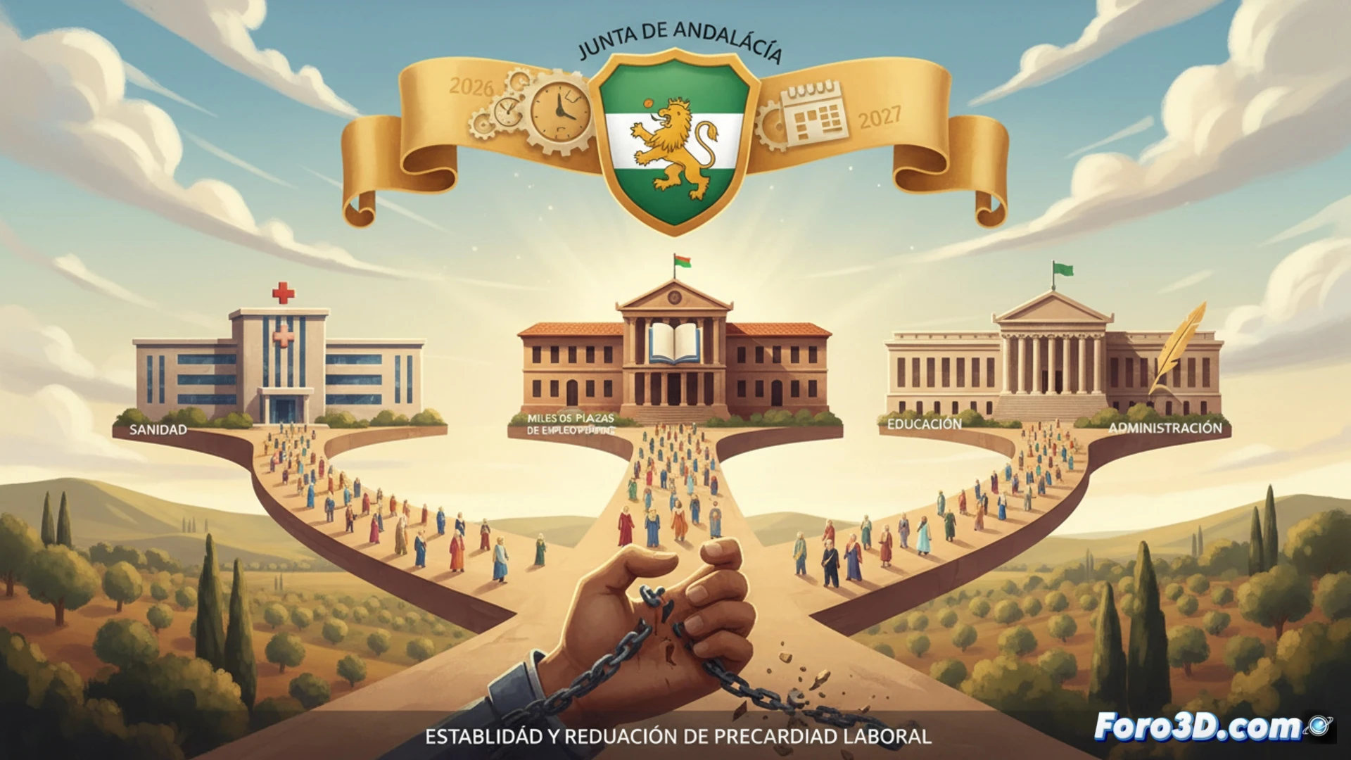 DESCRIPCIÓN: Fachada de la Junta de Andalucía al amanecer, con una fila de personas sonrientes sosteniendo contratos y carpetas, simbolizando miles de plazas de empleo público en 2026-2027.