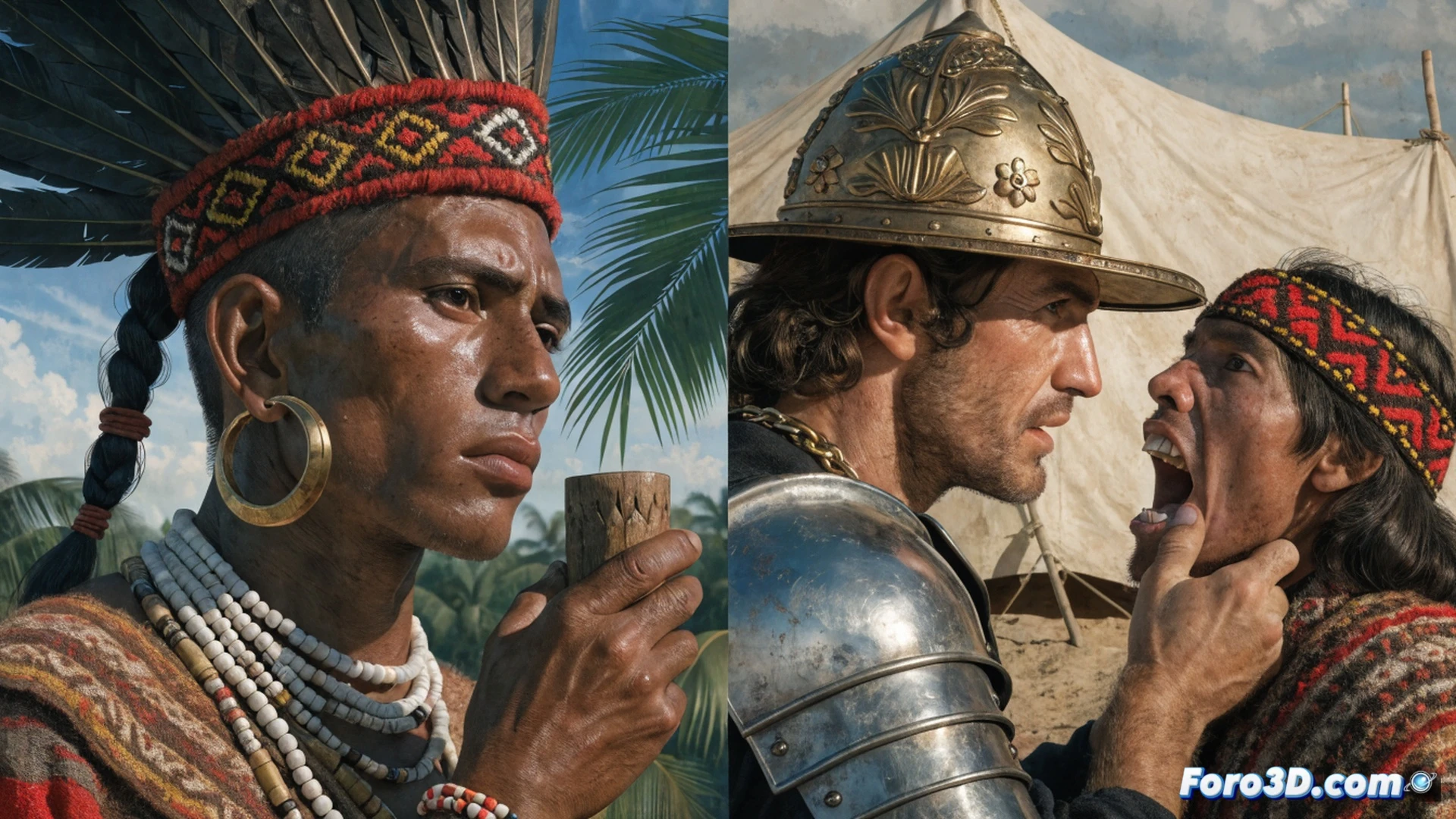 television studio control room, multiple monitors showing a historical documentary scene with Spanish conquistadors and indigenous people, a producer pointing at a screen displaying a linguistics expert speaking, another technician adjusting audio mixing board while holding a document with editorial guidelines, red warning overlay on one monitor indicating fact-check alert, cinematic photorealistic style, dramatic studio lighting with blue and amber tones, professional broadcast equipment visible, tension visible in body language of staff, ultra-detailed control panel buttons and faders, realistic reflections on glass screens