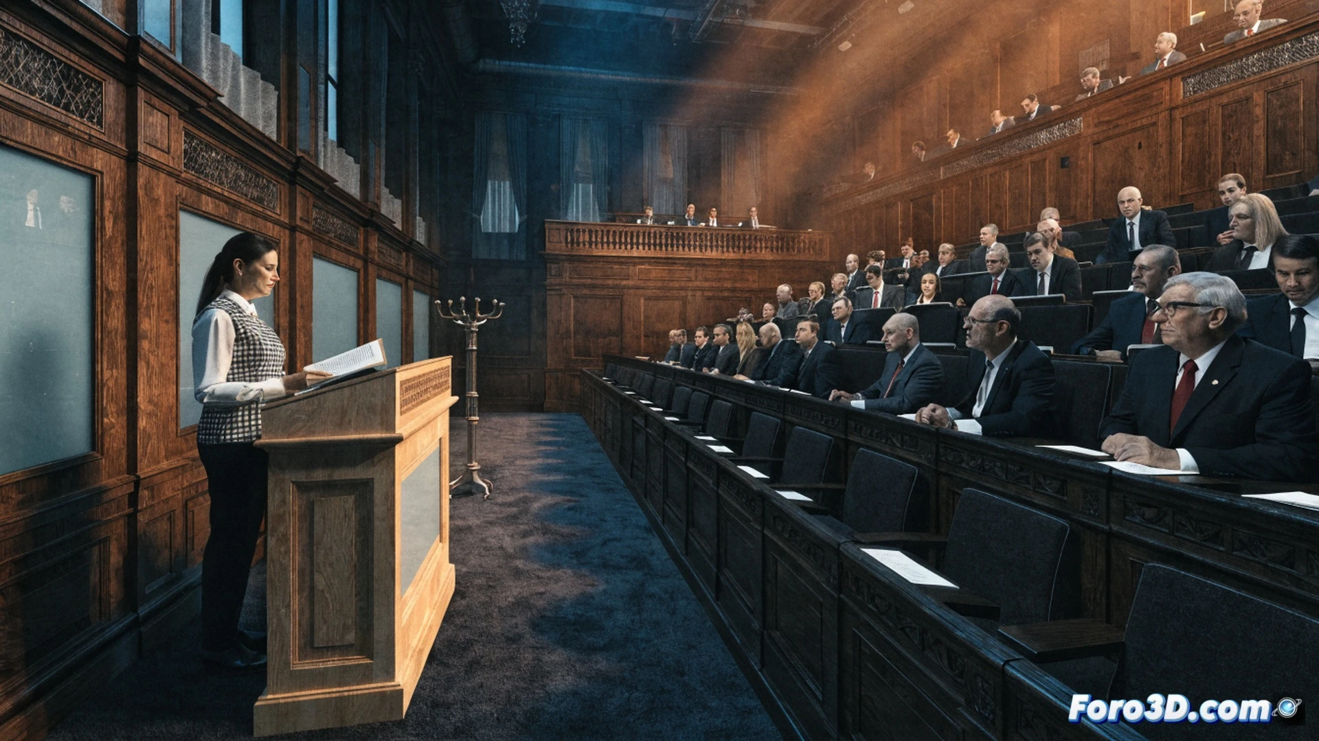 Spanish parliamentary chamber during tense vote, multiple politicians standing and pointing at speaker podium, digital vote counters on wall showing close results, security personnel at edges, journalists in gallery taking photos, dramatic overhead lighting casting shadows on desks, scattered papers and documents on benches, cinematic photorealistic style, wide-angle lens, high contrast between bright central podium and dark corners, motion blur on moving figures, polished marble floor reflecting light, ultra-detailed architectural columns and wooden trim