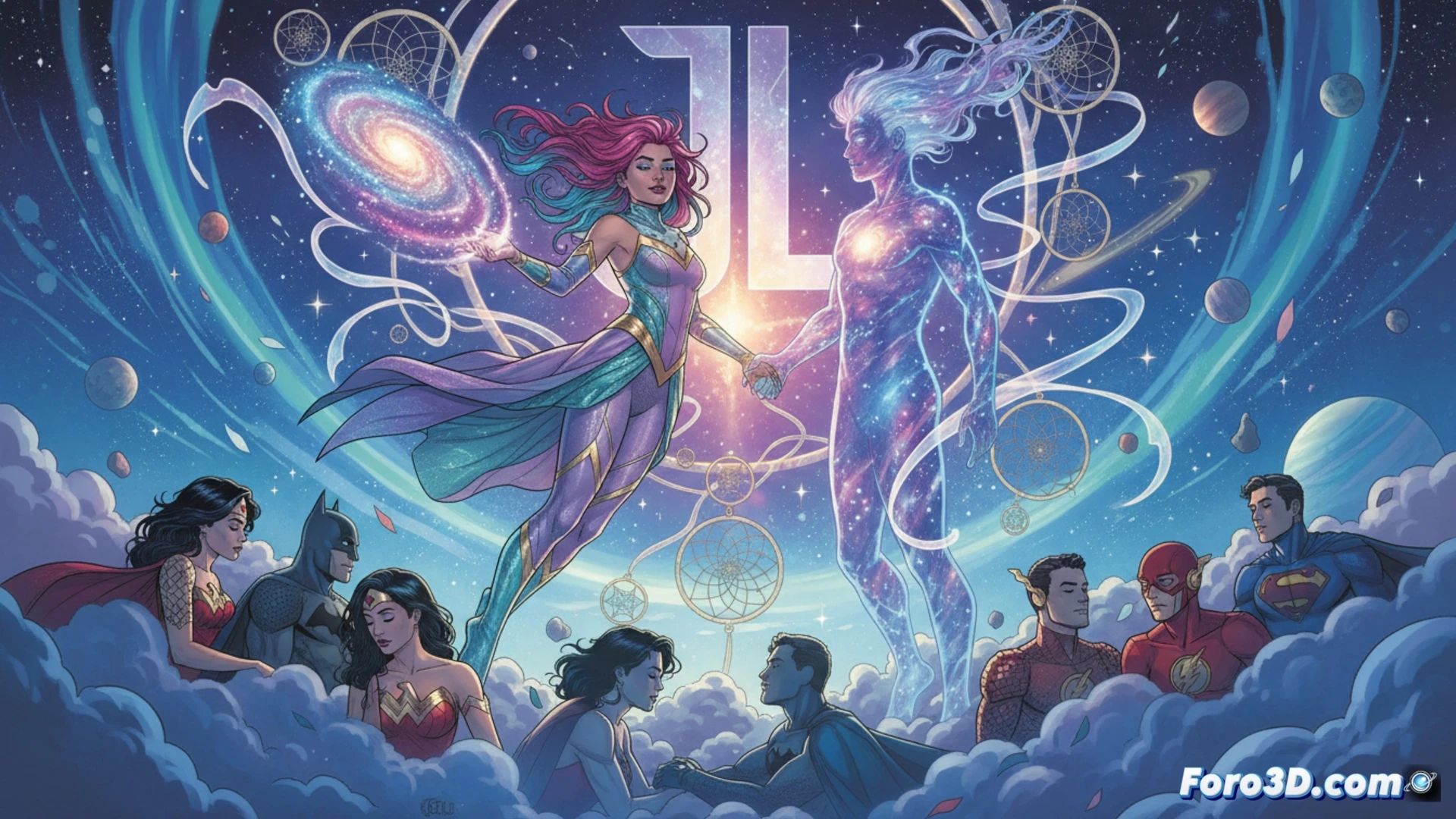 dreamscape cityscape at night, two superheroines floating mid-air, one with translucent diamond-shaped dream energy projecting from her hands, the other surrounded by swirling cosmic stardust forming a spiral galaxy pattern, their capes flowing in ethereal wind, dream clouds morphing into geometric fractals around them, soft neon pink and blue bioluminescent lighting, comic book cinematic style, dynamic action pose showing them reaching toward each other while battling shadowy dream monsters made of shattered mirror fragments, ultra-detailed costume textures, dramatic volumetric lighting through dream mist, photorealistic digital painting
