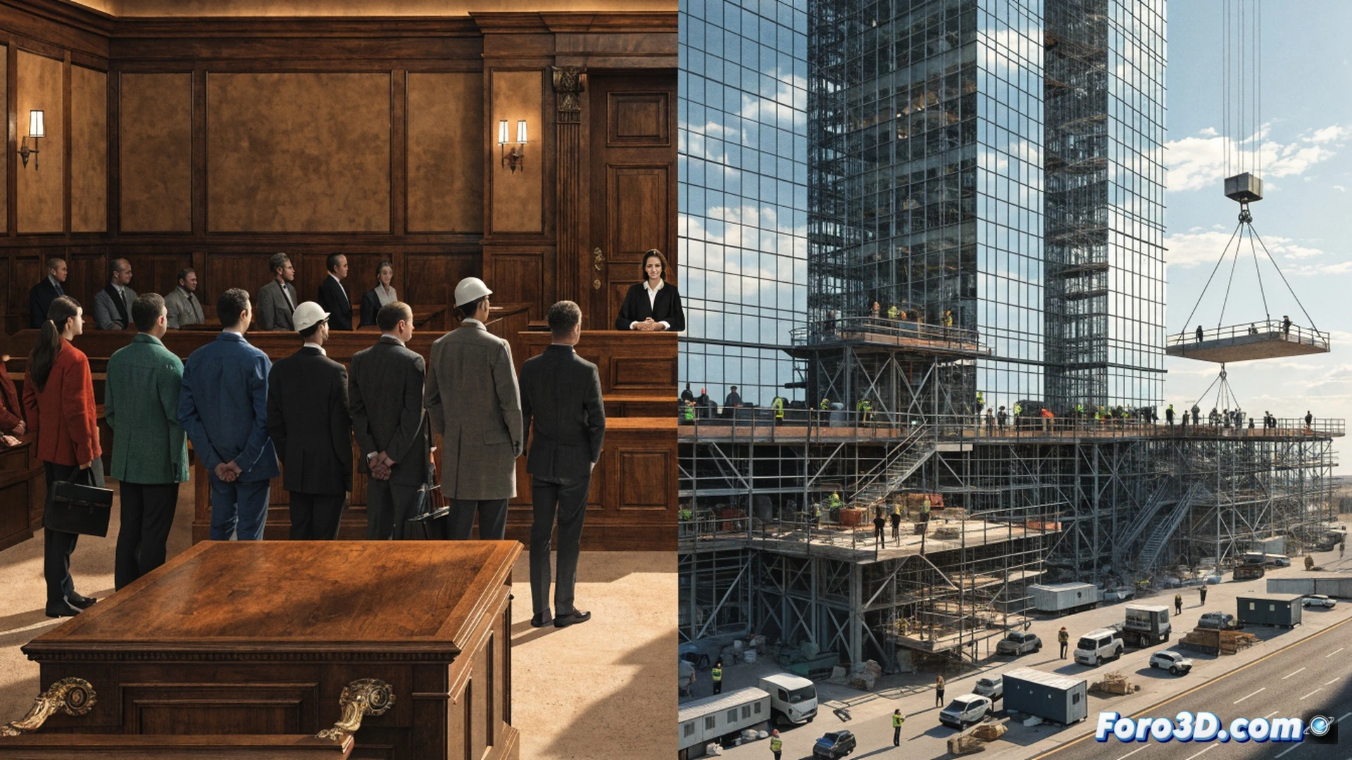 modern glass skyscraper construction site at sunset, eight construction workers and engineers standing before a courthouse facade holding blueprints and hard hats, a judge's gavel resting on architectural plans with red stamp marks, crane cables hanging motionless, legal documents scattered on a marble floor, photorealistic cinematic rendering, dramatic shadows from tall buildings, reflective glass panels showing distorted city skyline, technical engineering visualization style, precise architectural details on steel beams and concrete pillars, muted grey and blue color palette with warm golden hour light