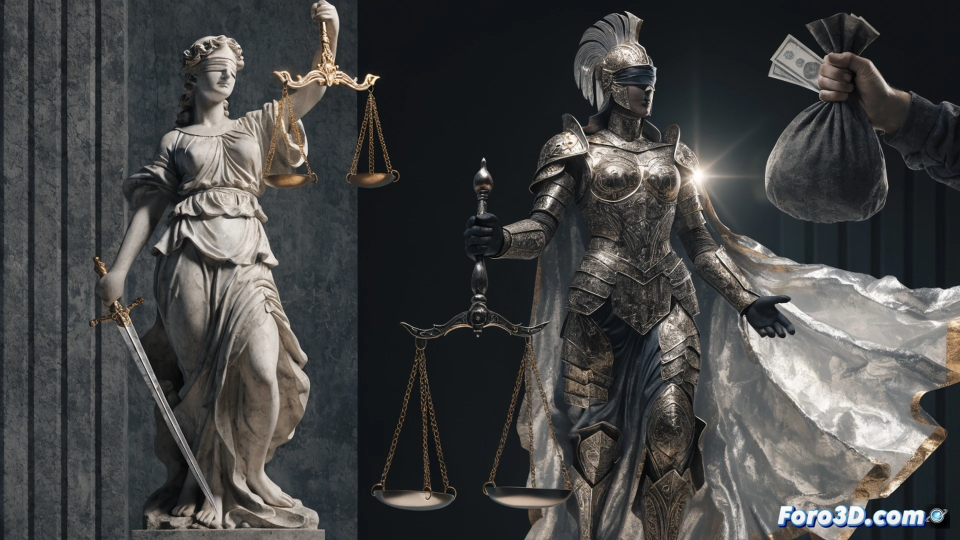 photorealistic cinematic scene of a large iron scale of justice tilting dangerously, one side weighted with gold coins labeled with party logos, the other side held down by armored hands with broken chains, a gavel mid-swing cracking a glass wall labeled transparency, courtroom background with blurred digital monitors showing financial transaction graphs, dramatic chiaroscuro lighting, dust particles floating, cracked marble floor, technical illustration style, ultra-detailed textures, shadows emphasizing corruption vs justice, no text