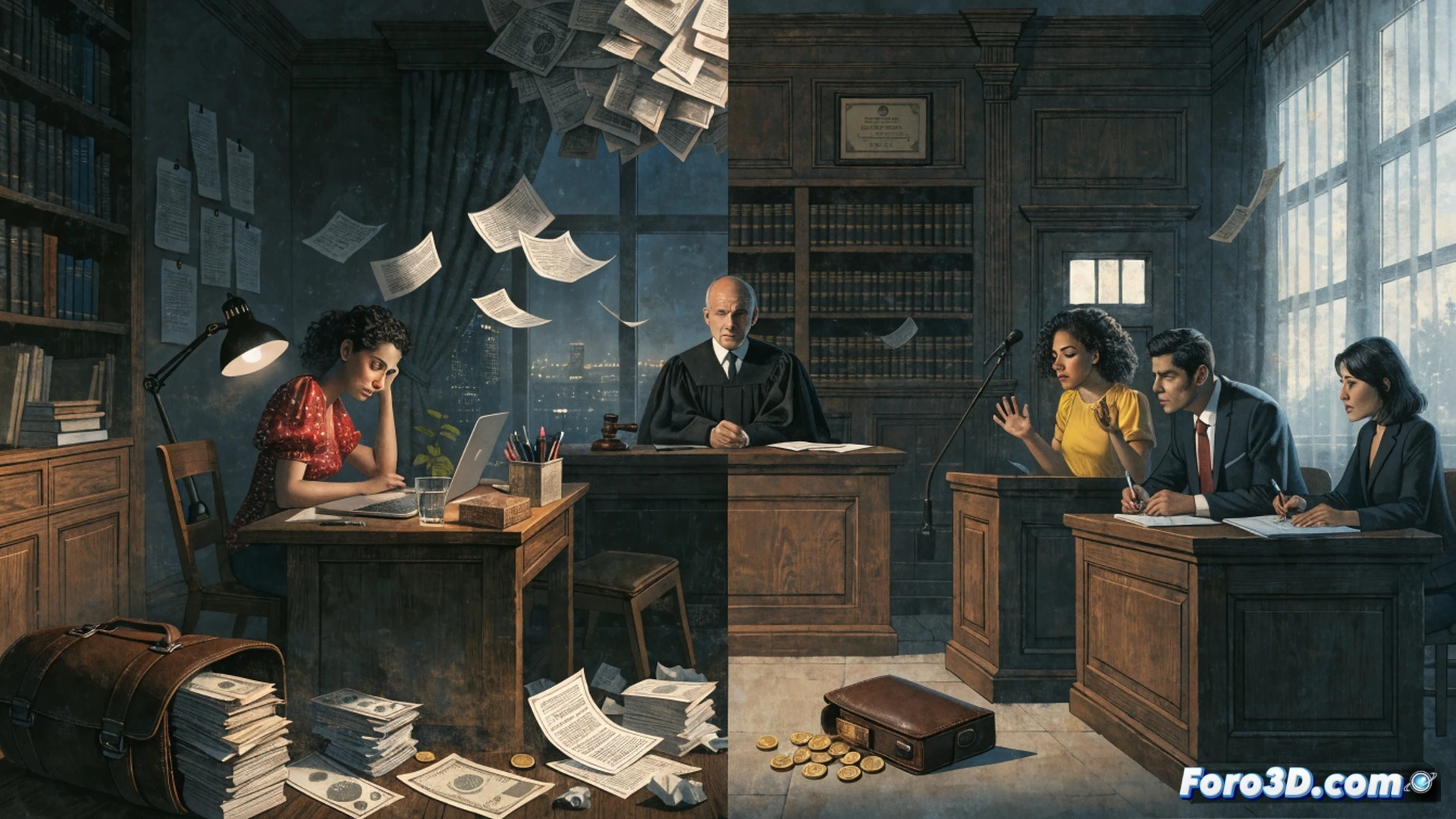 Photorealistic courtroom scene showing a woman in a worn coat sitting alone at a long wooden table, exhausted, while a wealthy man in a suit stands opposite with expensive lawyers, stacks of legal documents and digital tablets cluttering both tables, a judge’s gavel mid-strike frozen in motion, clock on wall showing late hour, her hands gripping a single folder while his team points at glowing laptop screens, dramatic overhead judicial lighting, cold blue and warm gold contrast, cinematic tension, ultra-detailed textures of wood grain and paper