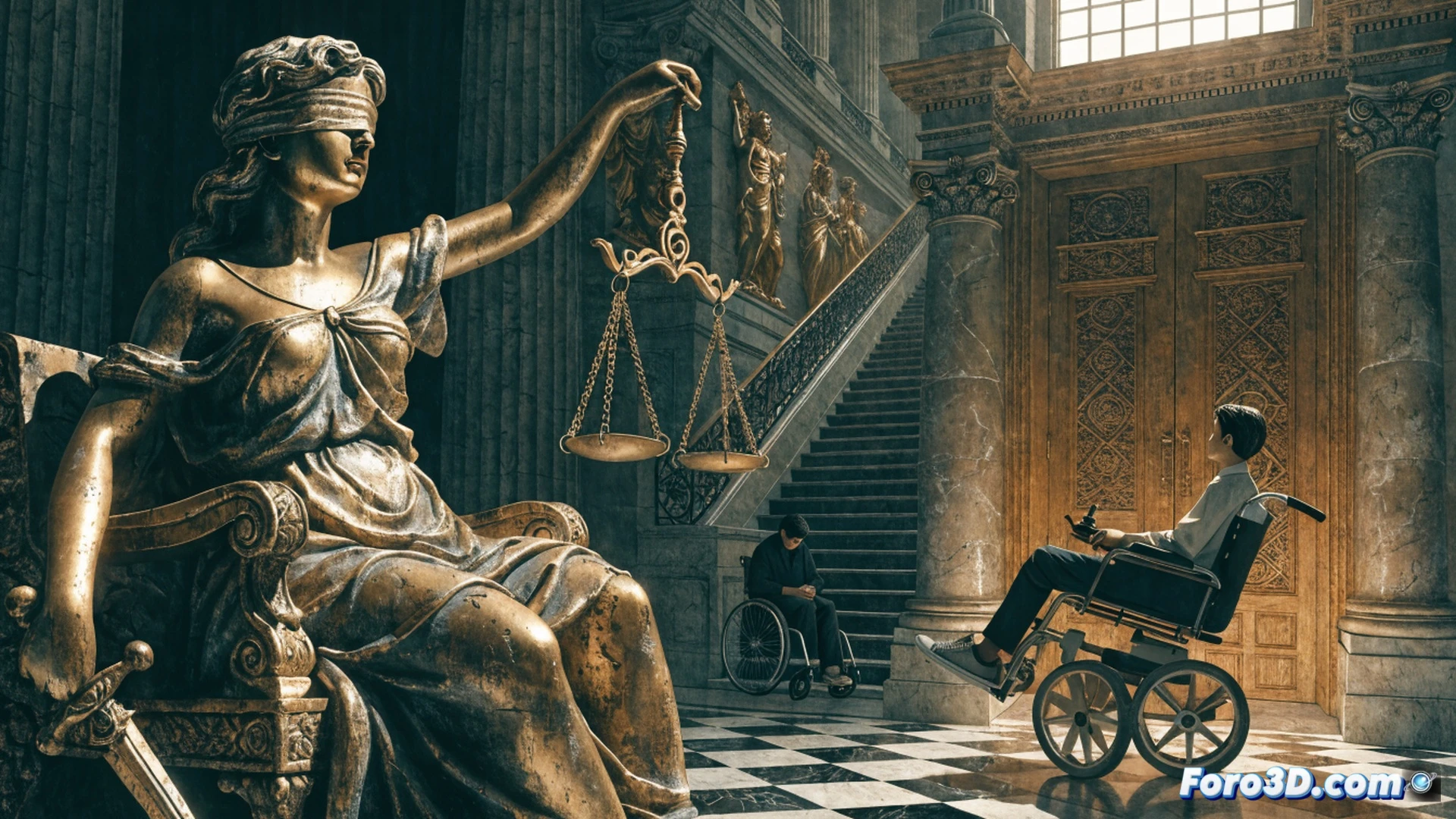 Corte de justicia con juzgado inaccesible, persona en silla de ruedas detenida frente a escalones de mármol sin rampa, puerta estrecha con marco metálico bloqueando el paso, mostrando contraste entre columnas neoclásicas imponentes y barreras arquitectónicas, durante un intento de entrada fallido, mientras un juez con toga observa desde una ventana alta, estilo photorealistic technical illustration, luz fría de fluorescentes, sombras duras, textura de hormigón y acero oxidado, perspectiva forzada desde abajo, dramatismo institucional, render ultra-detallado