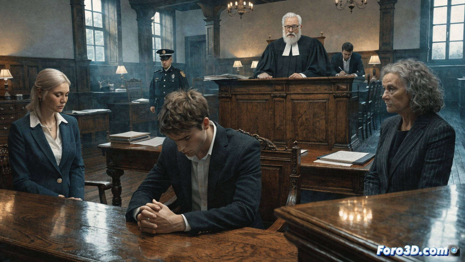 Modern courtroom scene in Norway, wooden judge bench with gavel, royal coat of arms on wall, digital evidence screen displaying case files, handcuffed male figure in grey suit being escorted by uniformed officers, broken crown symbol on floor tiles, law books stacked on defense table, cinematic photorealistic style, dramatic overhead lighting, shadows crossing the room, cold blue and grey color palette, ultra-detailed legal environment