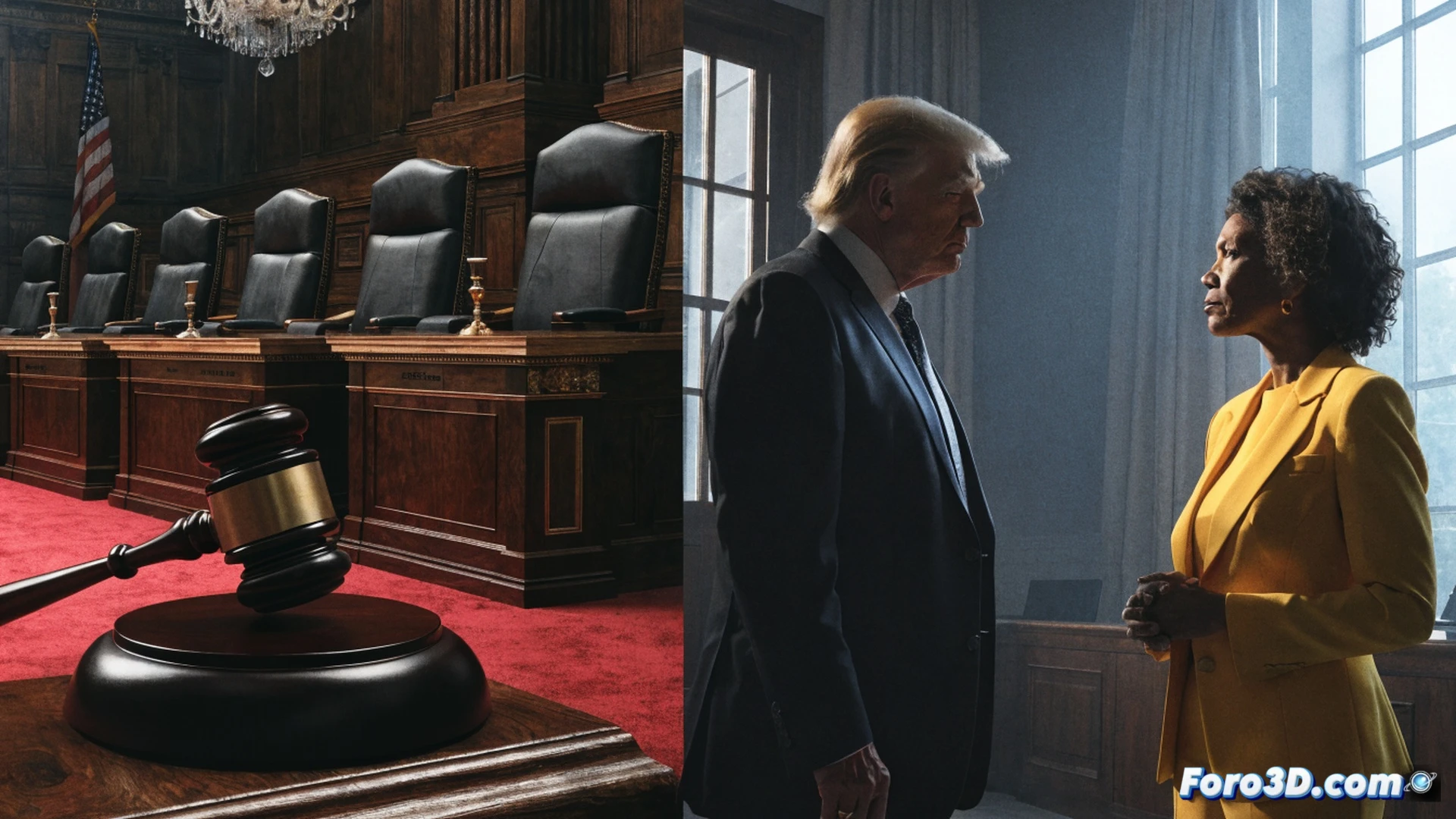 Corte Suprema de Estados Unidos en sesión, martillo de juez descendiendo sobre expediente legal, documento de condena por 5 millones visible sobre escritorio de madera oscura, sello dorado de la corte siendo estampado, luz de foco iluminando el fallo mientras manos con toga negra firman, engranajes de justicia girando en fondo abstracto, escala de balanza equilibrada, estilo cinematic photorealistic, iluminación dramática tipo claroscuro, textura de papel pergamino, detalles de filigrana en sello judicial, sombras profundas, ambiente solemne de tribunal, alto contraste, ultra-detallado