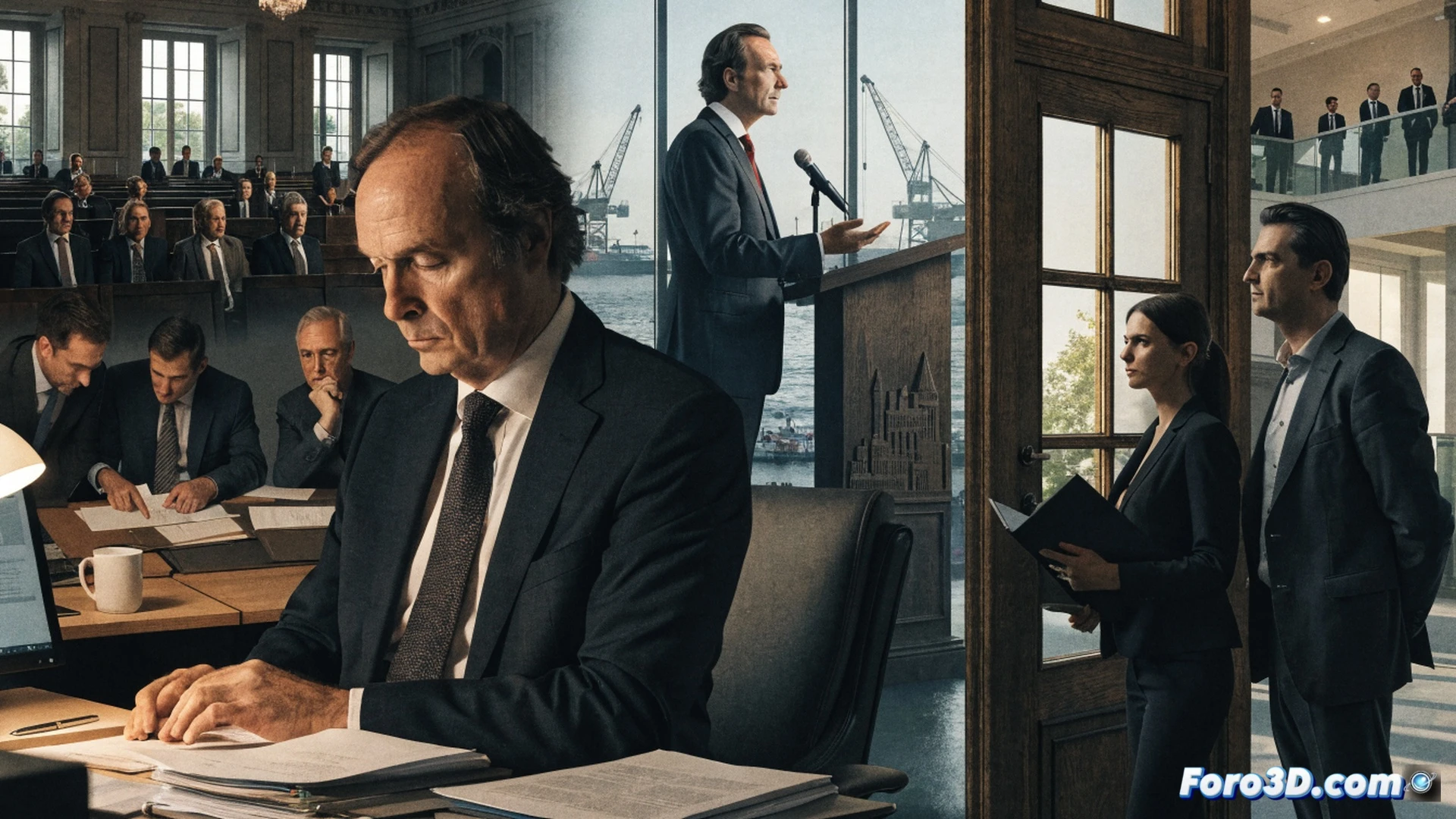political corruption investigation scene in a French municipal office, forensic auditors examining financial documents spread across a glass table, a city hall building visible through window blinds, one auditor highlighting suspicious transactions on a tablet while another uses a magnifying glass over budget reports, cinematic photorealistic style, dramatic side lighting casting long shadows, scattered official stamps and paper files, muted blue and grey colour palette, intense focused expressions, ultra-detailed textures on documents and furniture, realistic office environment with modern technology