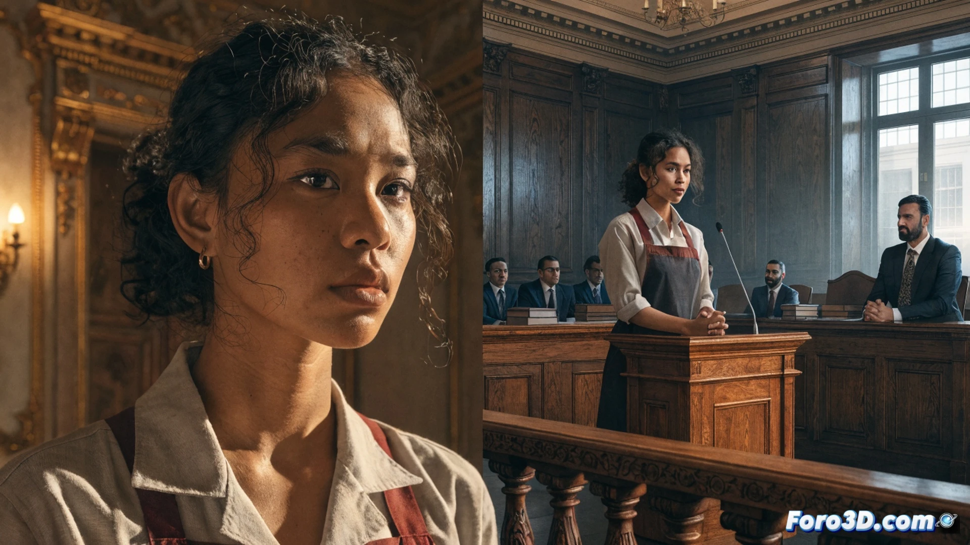 filipina domestic worker standing in a London courtroom, holding a legal document with scales of justice visible, broken chains falling from her wrists, diplomatic immunity seal being cracked by a gavel, high-contrast cinematic lighting, photorealistic technical illustration, dramatic shadows across marble floor, legal case files stacked on desk, glowing pound symbol dissolving into dust, empowered posture, detailed fabric textures, realistic courtroom architecture, emotional victory scene