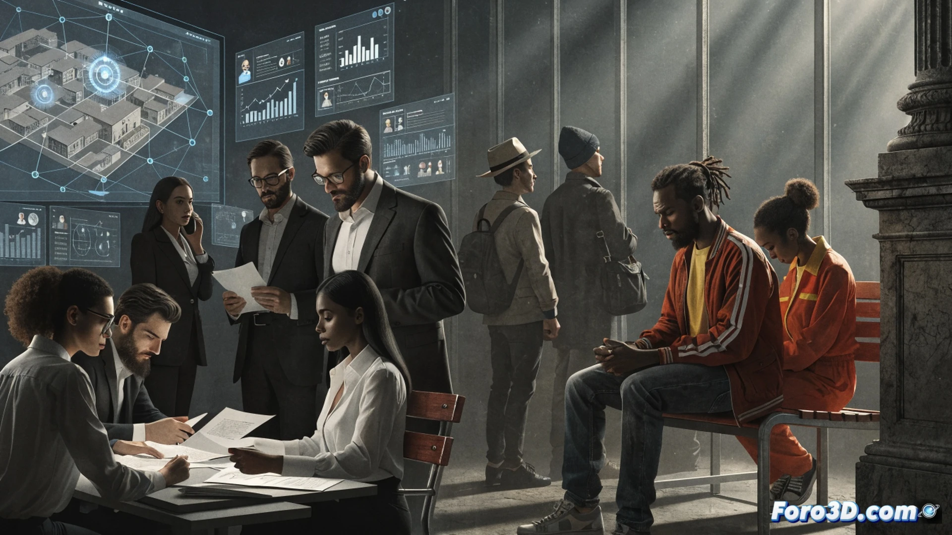 courtroom scene showing two distinct groups, left side a wealthy family with expensive suits and private lawyers holding thick folders, right side a single ordinary citizen in worn clothes waiting on a wooden bench, massive unbalanced scales of justice overhead tipping toward the left, a judge's gavel frozen mid-strike while a clock on the wall shows years passing, courtroom desks cluttered with case files and a broken computer monitor displaying error messages, cinematic photorealistic style, dramatic chiaroscuro lighting from high windows casting long shadows, dust particles floating in light beams, dark wood paneling, deep contrast between polished marble floor and cracked tiles, ultra-detailed textures on legal documents and worn leather chairs, technical illustration with forensic precision