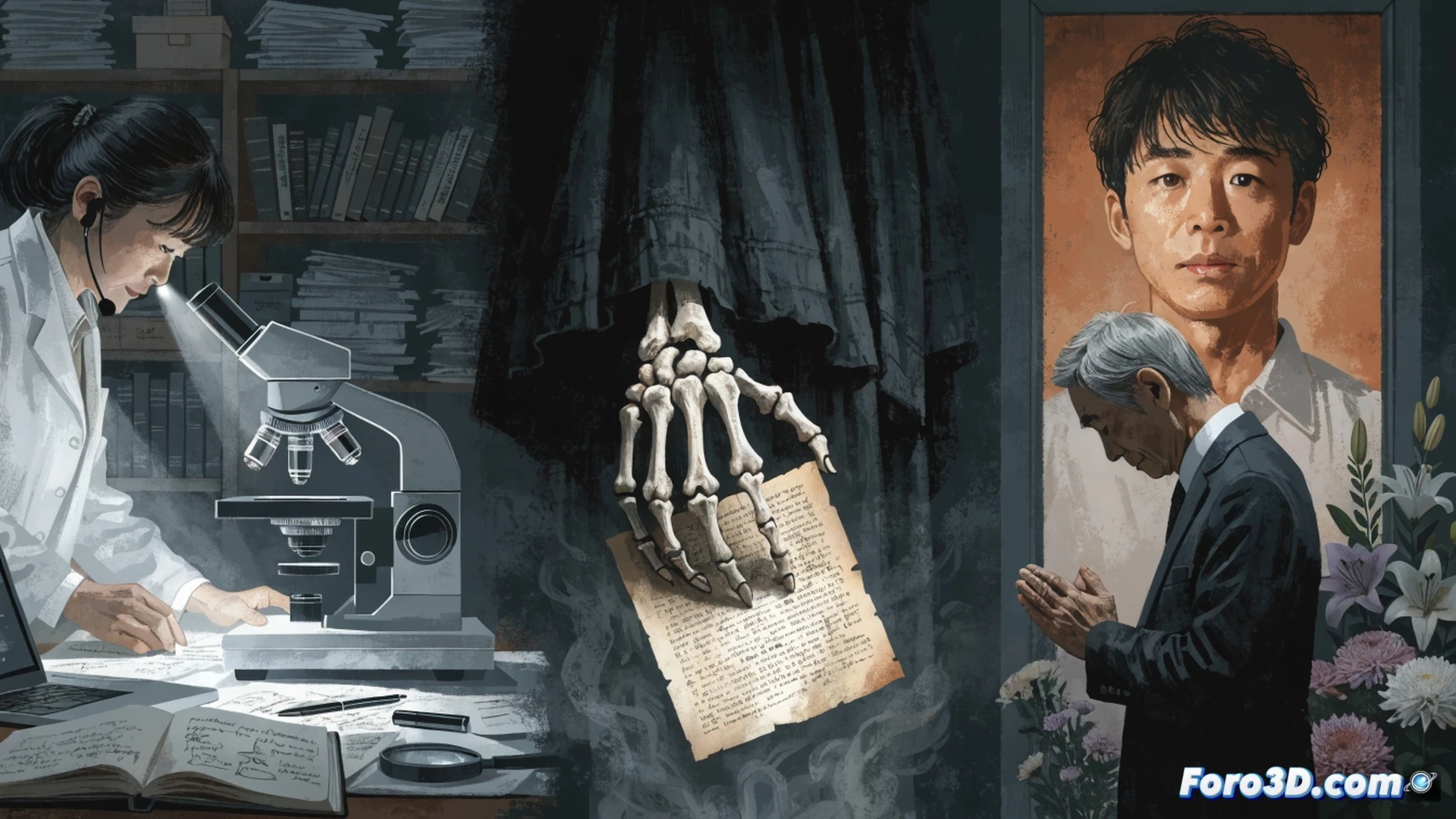 Japanese courtroom scene, judges in black robes examining a digital evidence tablet while a holographic projection shows a broken alibi timeline, old case files stacked on a wooden desk, a ghostly silhouette of Hiromu Sakahara standing behind the defense lawyer, courtroom clock frozen at the time of his death, forensic report pages floating mid-air with red annotations highlighting contradictions, cinematic photorealistic technical illustration, dramatic chiaroscuro lighting from ceiling windows, polished mahogany details, dust particles suspended in light beams, ultra-detailed legal documents with Japanese characters visible but unreadable, solemn judicial atmosphere, 8k architectural render style