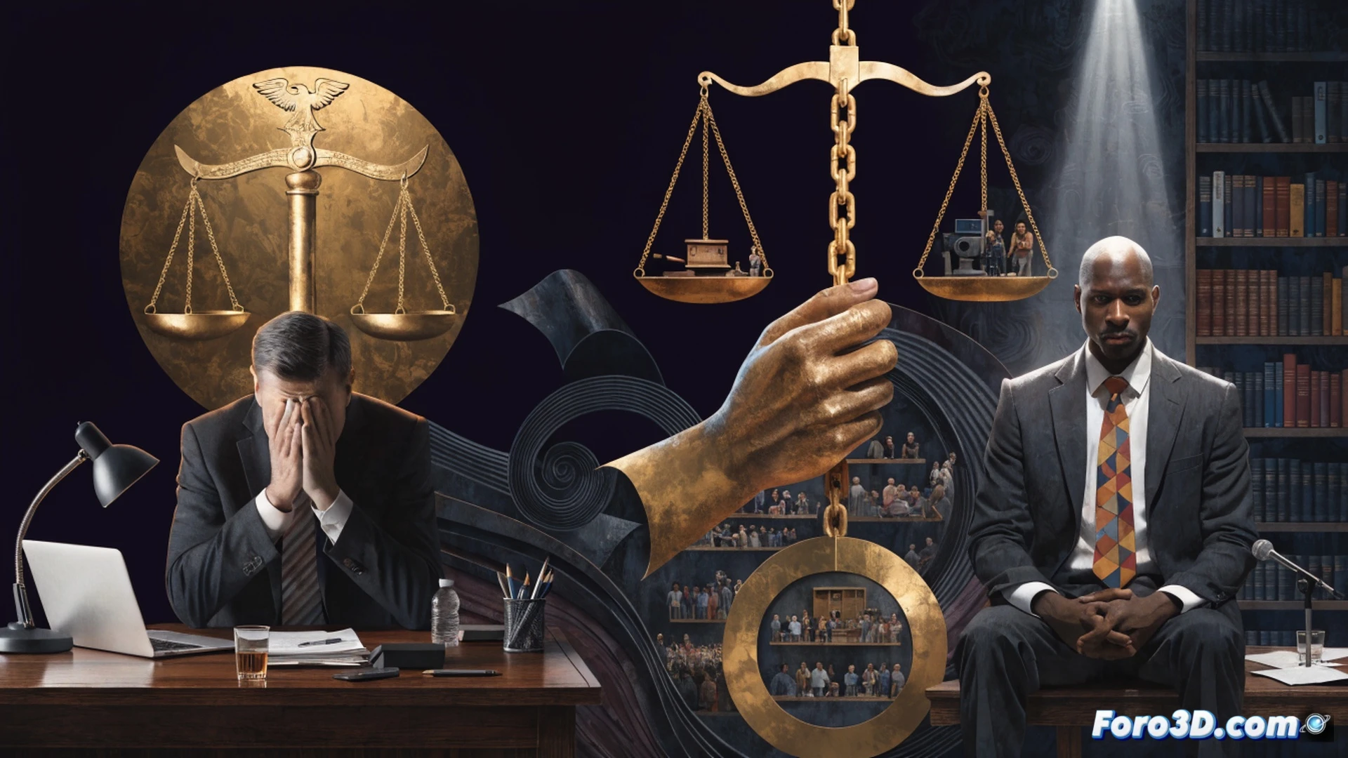 Dos balanzas de justicia, una con un platillo elevado por un maletín de abogados, contratos y un teléfono con señal wifi, la otra con un platillo hundido bajo un expediente judicial simple, una silla vacía y un reloj sin manecillas, mostrando la inclinación desigual del proceso legal, durante un juicio iluminado por focos teatrales, estilo cinematográfico, fotorealista, textura de madera desgastada y metal opaco, sombras dramáticas, fondo de juzgado vacío con bancos desparejos, acción de desbalance visible, sin texto