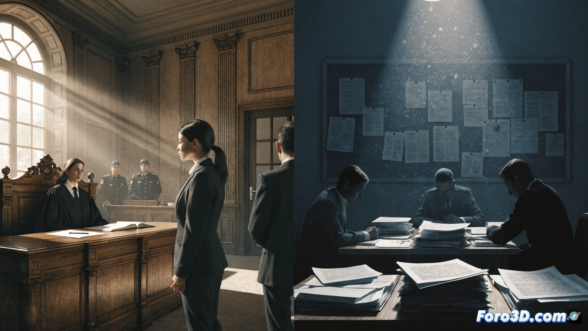 massive metal balance scale tilted heavily to one side, left pan overflowing with thick dusty legal files marked with cobwebs and faded stamps, right pan holding a single bright glowing folder labeled with a modern digital interface, robotic hand reaching to place more glowing files on the tilted side while ignoring the overloaded dusty side, courtroom background blurred with empty chairs and dim chandeliers, cinematic photorealistic render, dramatic chiaroscuro lighting, dust particles floating in shafts of light, ultra-detailed textures on leather-bound documents, metallic reflections on scale beams, forensic investigation aesthetic, wide-angle lens emphasizing imbalance