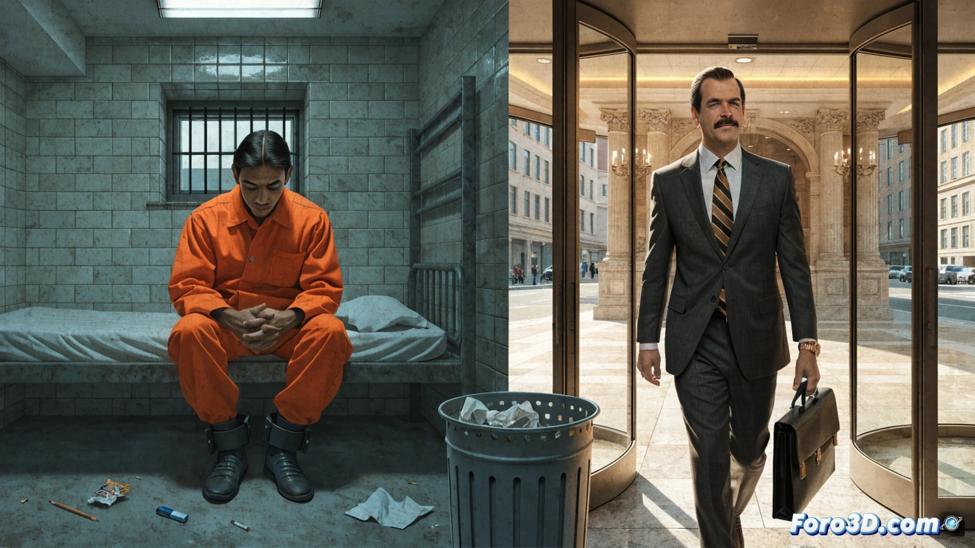 Photorealistic scene of a courtroom scale tipping dramatically, one side holds a handcuffed common thief in prison uniform, other side shows a suited collaborator walking free through an open cell door, golden justice scales distorted, law books and gavel on judge bench in background, corrupt shadowy figure whispering to collaborator, cracked marble floor, dramatic chiaroscuro lighting, ultra-detailed textures, cinematic composition, high-contrast shadows, legal documents scattered, broken chains on floor, technical illustration style, emphasizing unequal treatment and systemic hypocrisy