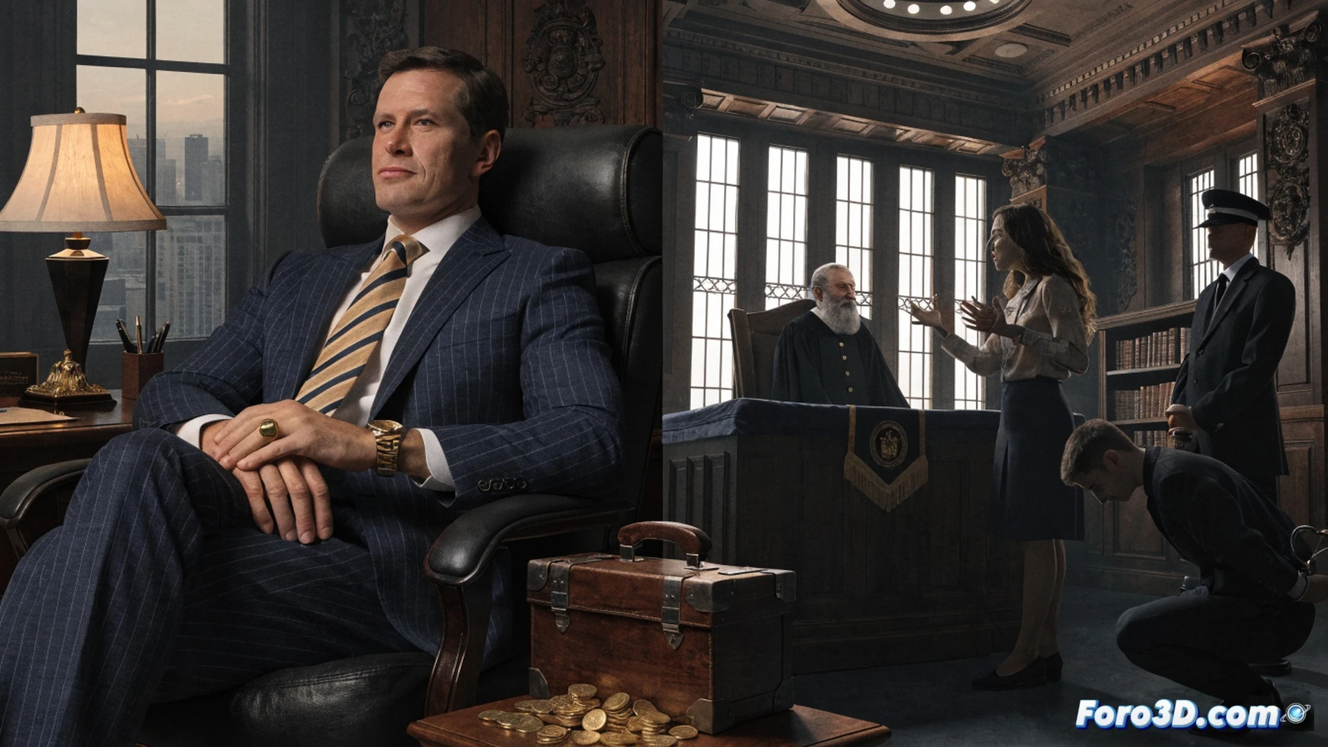courtroom scene tilted at a skewed angle, marble scales of justice cracked and tipping sideways, a golden gavel suspended mid-air above a judge s bench while a shadowy hand in a tailored suit reaches from behind to manipulate the scales, judicial computer monitor displaying distorted legal documents with binary code flickering, scattered taxpayer receipts and public fund ledgers burning at the edges, cinematic photorealistic illustration, dramatic chiaroscuro lighting, deep shadows across mahogany courtroom interior, smoke trails curling around broken law books, ultra-detailed wood grain and fabric textures, wide-angle lens effect emphasizing imbalance and corruption