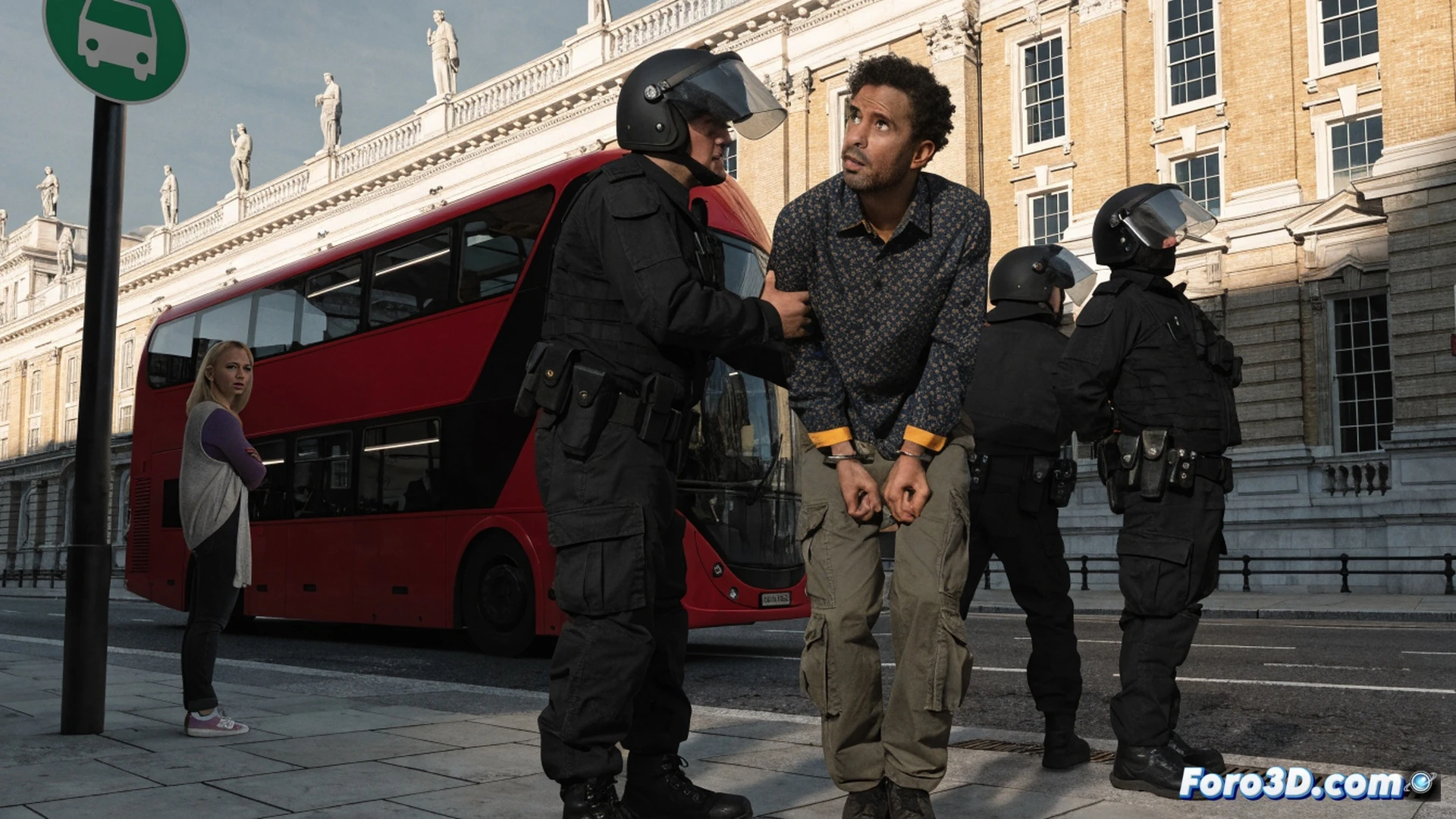Putney Bridge at dusk, a man pushing a woman toward a moving double-decker bus, front wheel inches from her leg, bus driver’s hand frozen on brake lever, forensic evidence markers on pavement showing recreated footstep trajectories, CCTV camera angles overlaid as translucent wireframe lines, police officer holding a tablet displaying a 2017 timestamped video frame, cinematic photorealistic engineering visualization, dramatic low-angle lighting, wet asphalt reflections, motion blur on bus wheels, ultra-detailed urban street scene