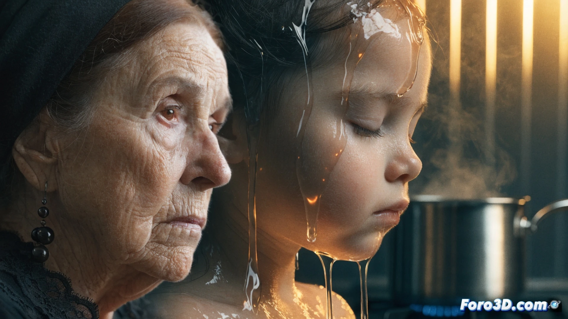forensic timeline reconstruction showing a 1970s kitchen sink with steam rising from boiling water, a small girl's silhouette in the background, modern forensic investigators examining old case files and burn pattern diagrams on a digital tablet, contrasted with a 2020s courtroom gavel striking a sound block, cold blue and warm amber lighting split across the scene, photorealistic crime scene investigation visualization, dust motes in harsh kitchen light, digital evidence markers floating near a vintage stove, ultra-detailed burn chart overlays, cinematic depth of field, technical illustration style with forensic mapping grid lines