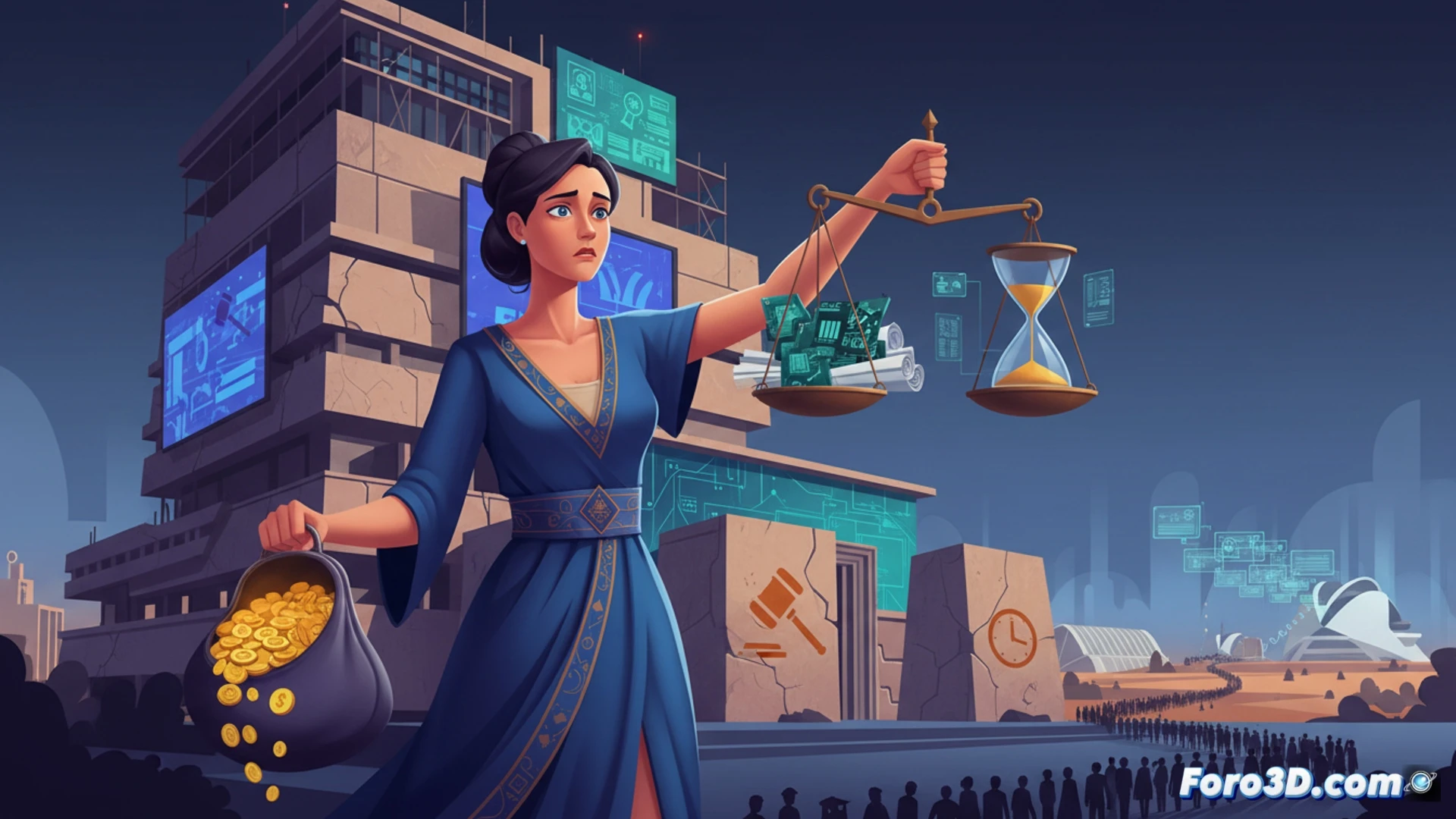 A judge’s empty chair in a modern courtroom, a single outdated desktop computer monitor glowing with a loading cursor, stacks of unprocessed case files piled high on the desk, a digital clock on the wall showing 23:59:59 frozen, a broken keyboard with missing keys next to a dusty printer, cinematic photorealistic technical illustration, cold blue fluorescent overhead lighting highlighting dust particles in the air, contrast between the new monitor cables and the worn wooden furniture, dramatic shadows emphasizing stagnation, ultra-detailed hardware textures