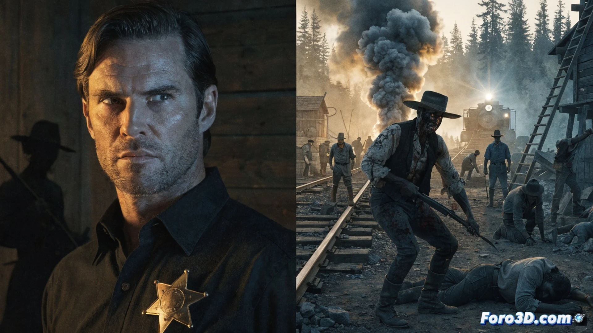 Arid frontier landscape at dusk, a railroad construction worker collapses while gripping a rusted sledgehammer, bloodstained wooden ties scattered in mud, a distant locomotive spews black smoke under a bruised sky. A second figure in a dirty coat aims a revolver at a shadowy horseman. Cinematic photorealistic western scene, gritty textures, desaturated earth tones, harsh dust particles in low-angle sunlight, raw violence and desolation, no romanticism, brutal realism, ultra-detailed historical technical illustration style.
