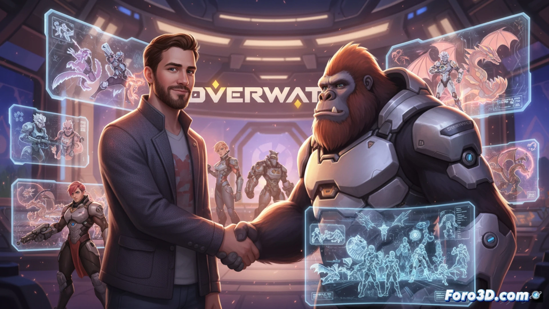 Justin Richmond stands at a holographic display table inside Overwatch headquarters, his hand gesturing over a glowing storyboard sequence featuring animated Tracer and Winston in action, while multiple floating screens show Uncharted 3 concept art and The Dragon Prince scene transitions, engineers and animators gathered around reviewing character rigging software on monitors, cinematic technical illustration style, dramatic blue and orange lighting from holograms, photorealistic character models, motion blur on gesturing hands, detailed sci-fi control room environment, ultra-sharp focus on creative workflow process