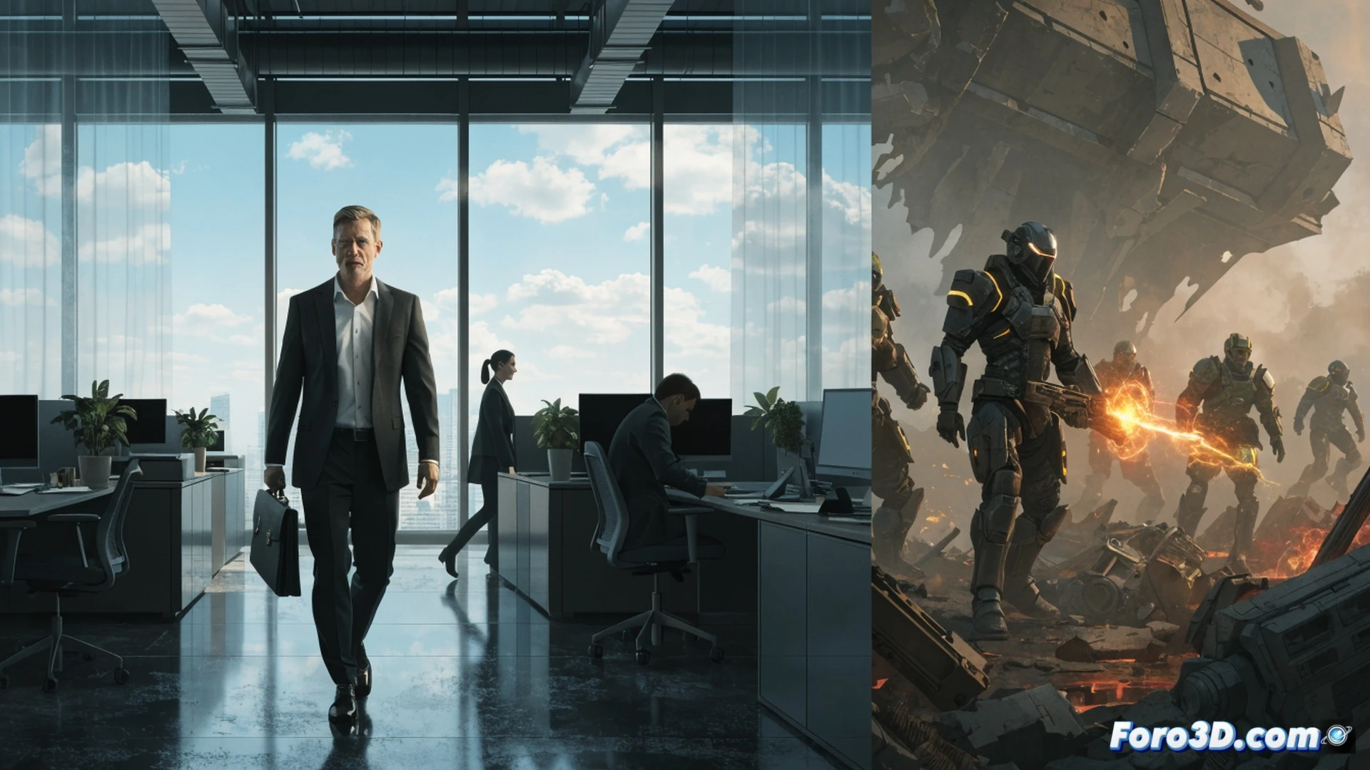 Bungie game studio office scene, empty desk with a dusty monitor displaying Destiny 2 server error code, tangled cables unplugged from a workstation, a half-filled coffee mug and a crumpled resignation letter on the keyboard, motion blur effect on a rolling office chair moving away, cold fluorescent lighting casting long shadows, photorealistic technical illustration, abandoned development environment, scattered game design documents on the floor, dramatic atmosphere of corporate decline, ultra-detailed cubicle clutter