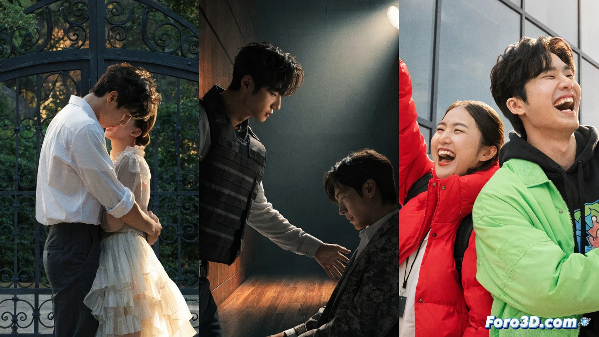 three-panel split screen showing a K-drama streaming interface on a laptop, a couple embracing in a rain-soaked alley during a romantic thriller scene, and a comedic slapstick moment with characters mid-laugh, cinematic photorealistic style, laptop screen glowing with neon purple and blue UI elements, rain streaks catching streetlight, exaggerated comic facial expressions, dynamic action poses, streaming platform controls visible at bottom of laptop screen, dramatic contrast between romance and comedy lighting, ultra-detailed fabric textures and wet pavement reflections, high-contrast cinematic color grading